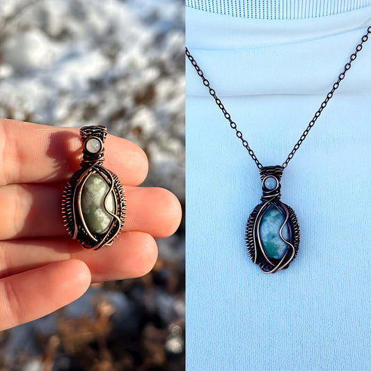 Mini Peace Jade & Clear Quartz Crystal Copper Pendant