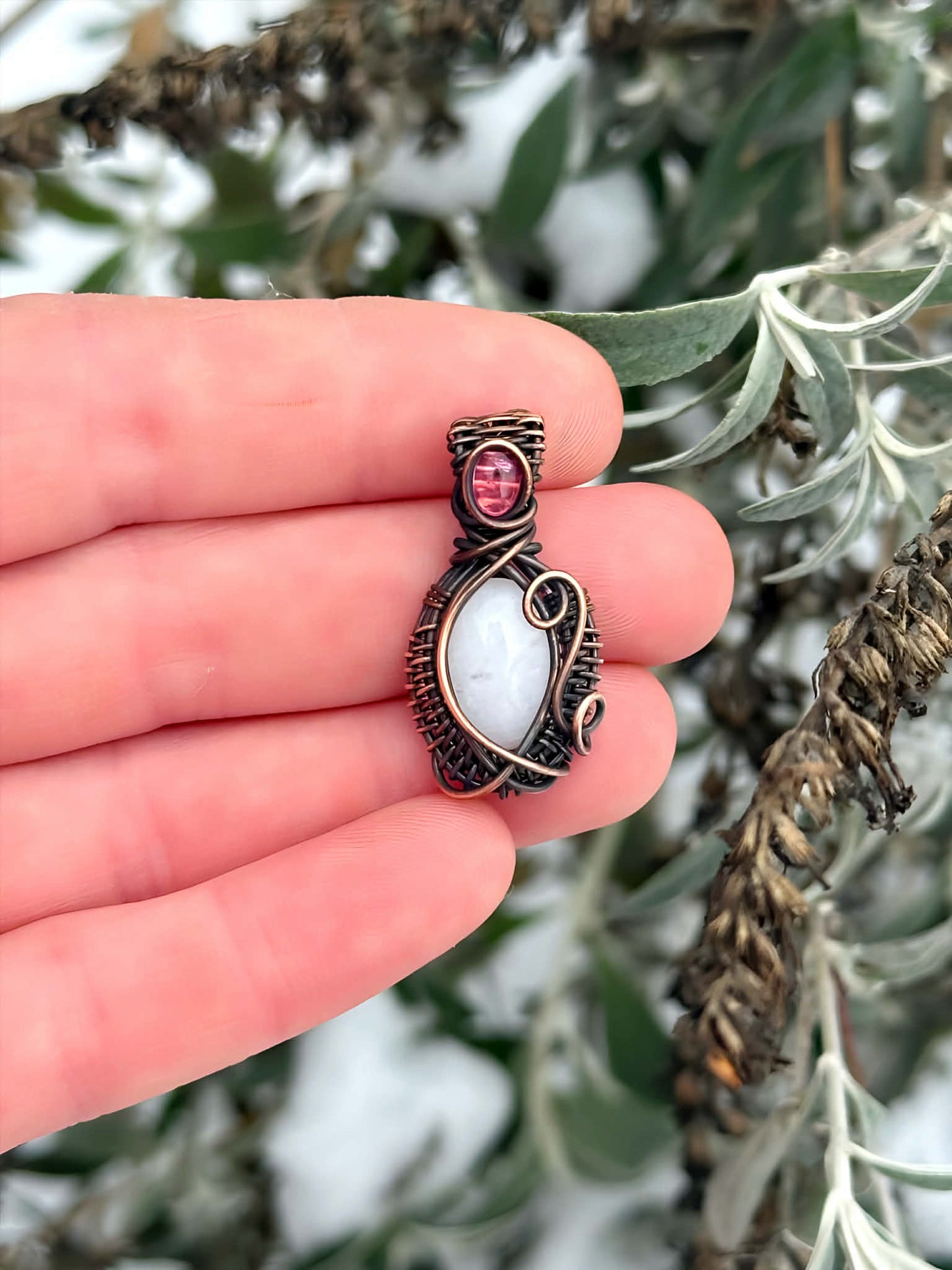 Mini White Jade & Tourmaline Accent Crystal Copper Pendant