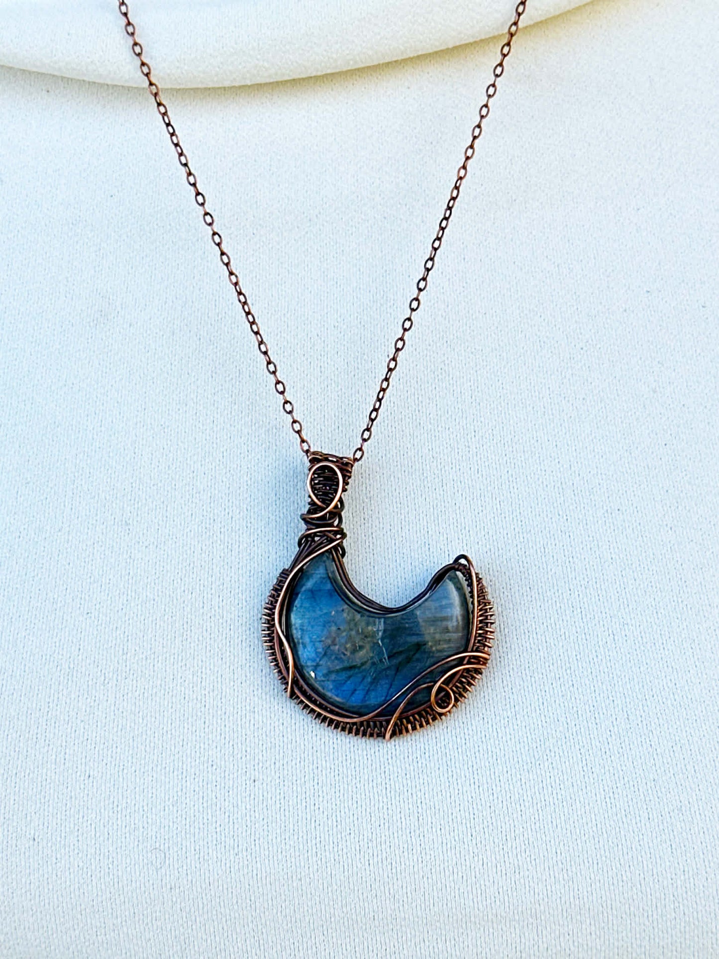 Crescent Moon Blue Labradorite Crystal Copper Pendant