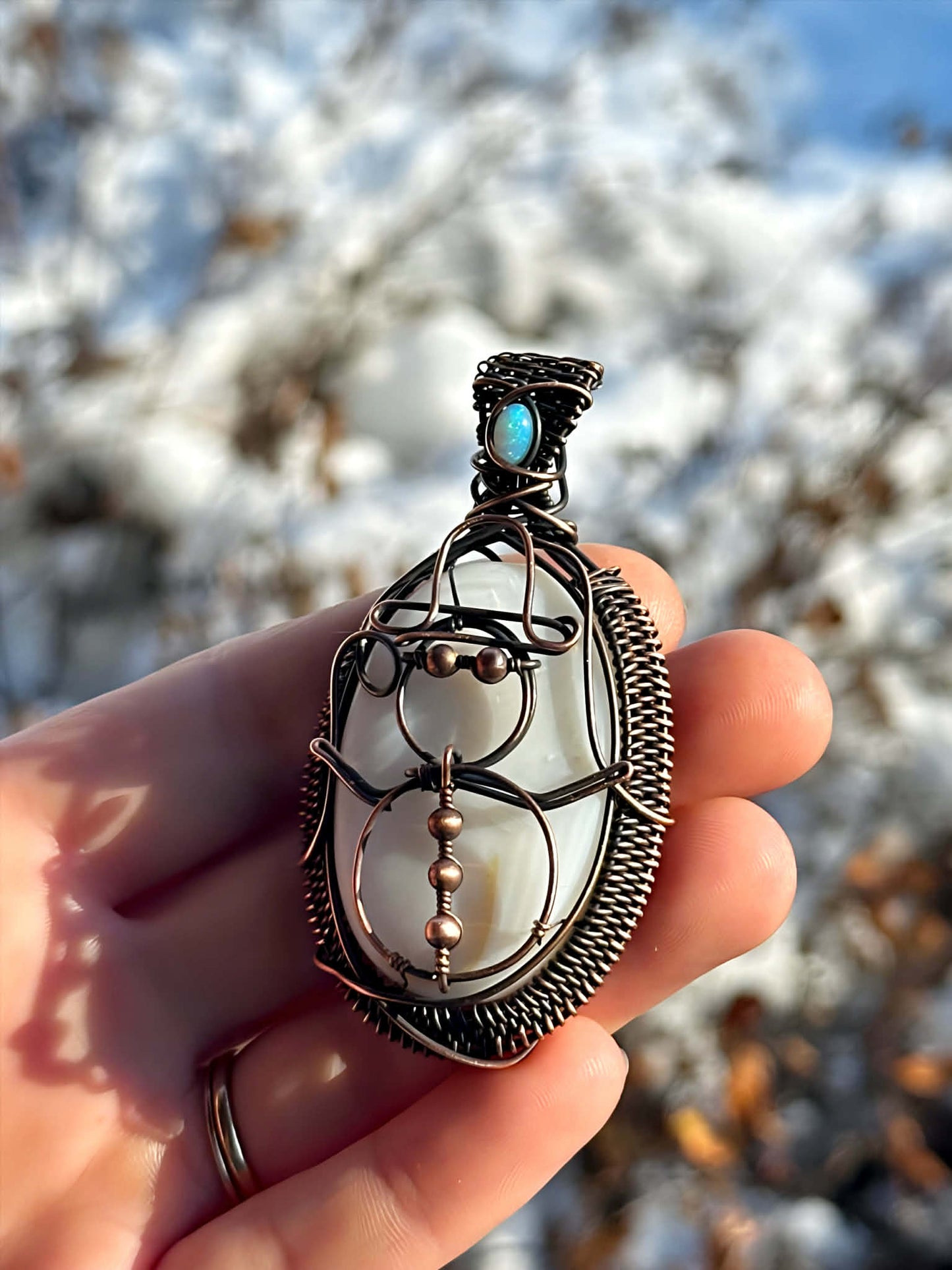 Snowman Mother of Pearl & Opal Crystal Copper Pendant