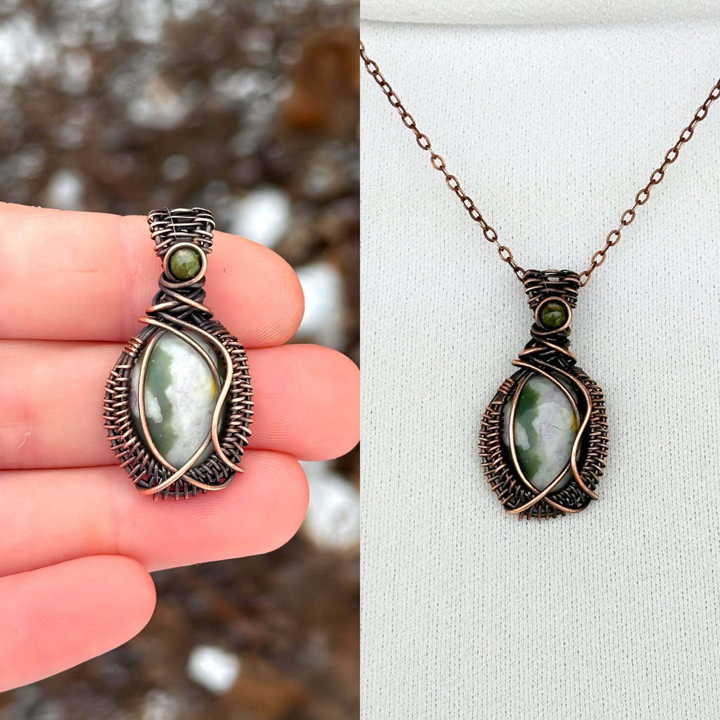 Mini Green Spotted Jasper & Green Aventurine Crystal Copper Pendant