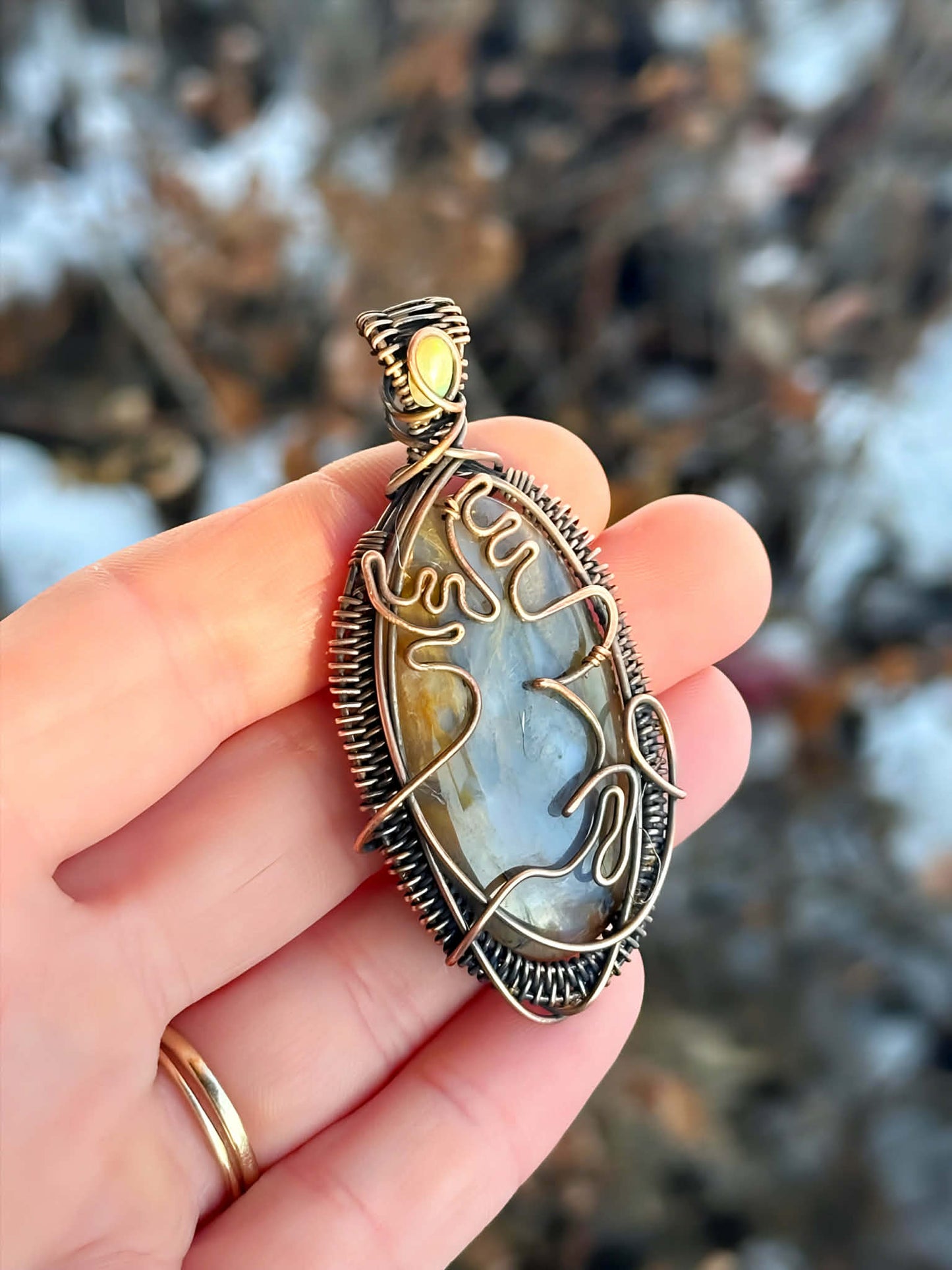 Reindeer Moss Agate & Opal Accent Crystal Copper Pendant