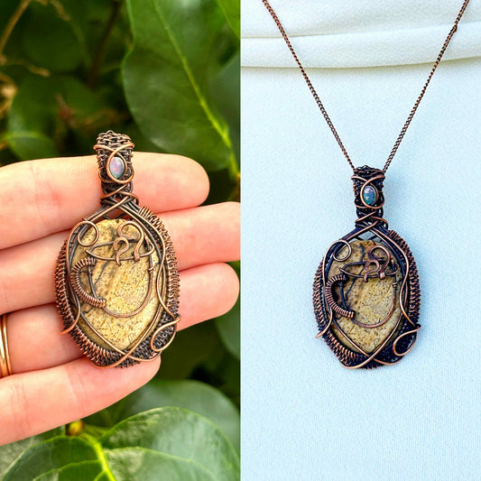 Coffee Jasper & Opal Crystal Copper Pendant