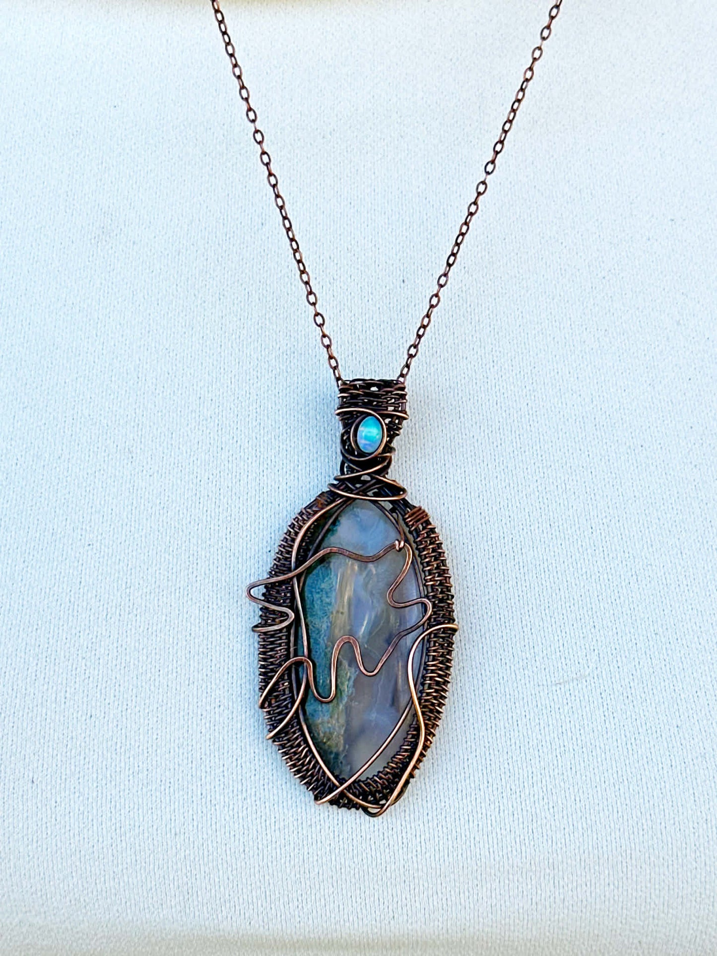 Wolf Moss Agate & Opal Crystal Copper Pendant
