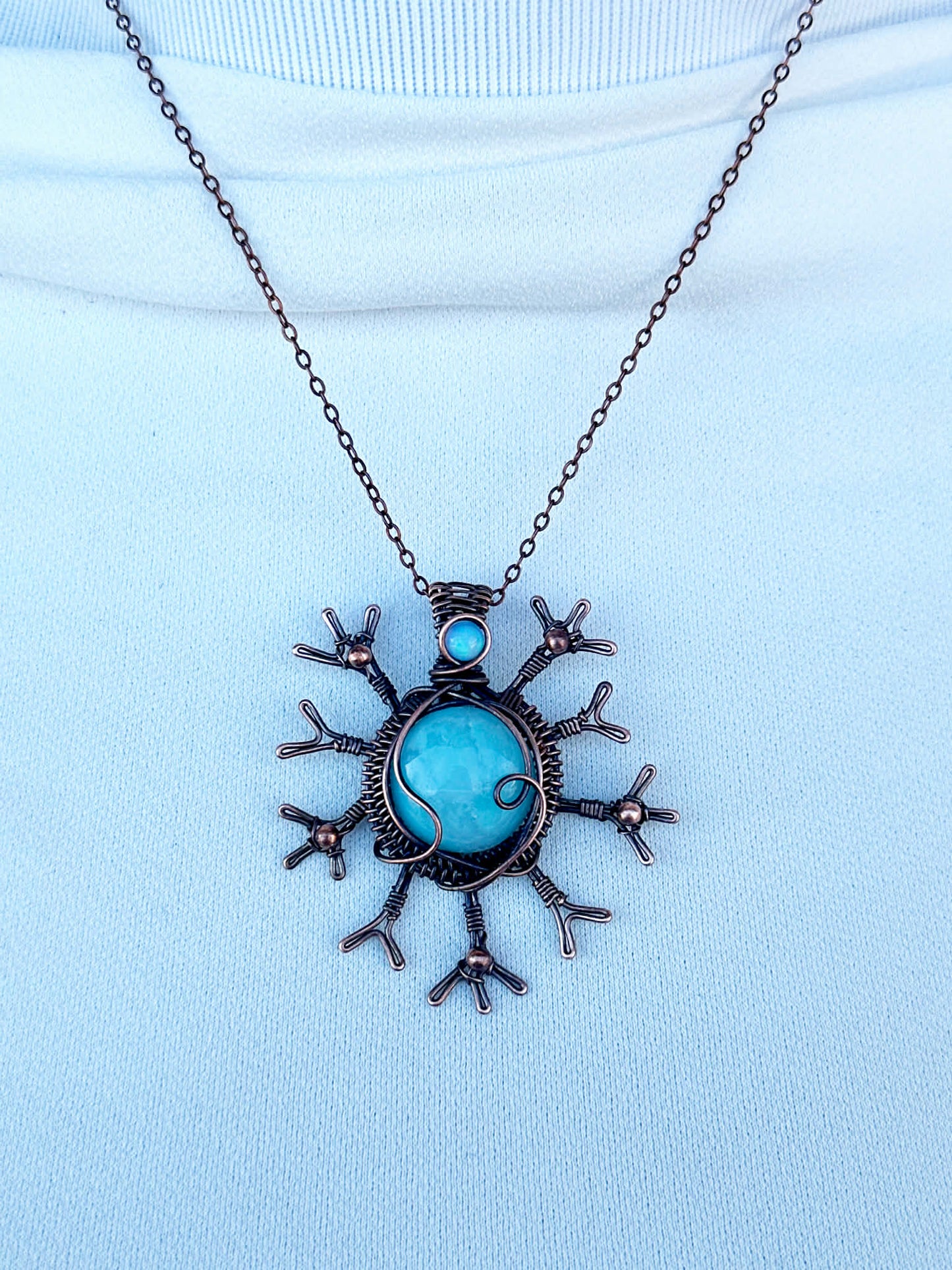 Snowflake Blue Jade & Opal Crystal Copper Pendant