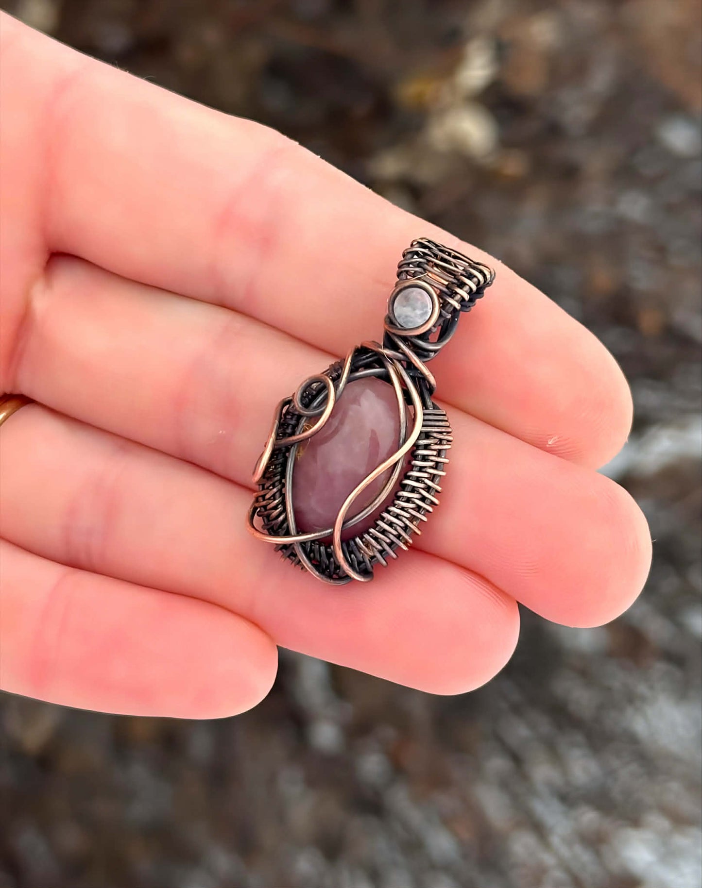Mini Lepidolite & Clear Quartz Crystal Copper Pendant