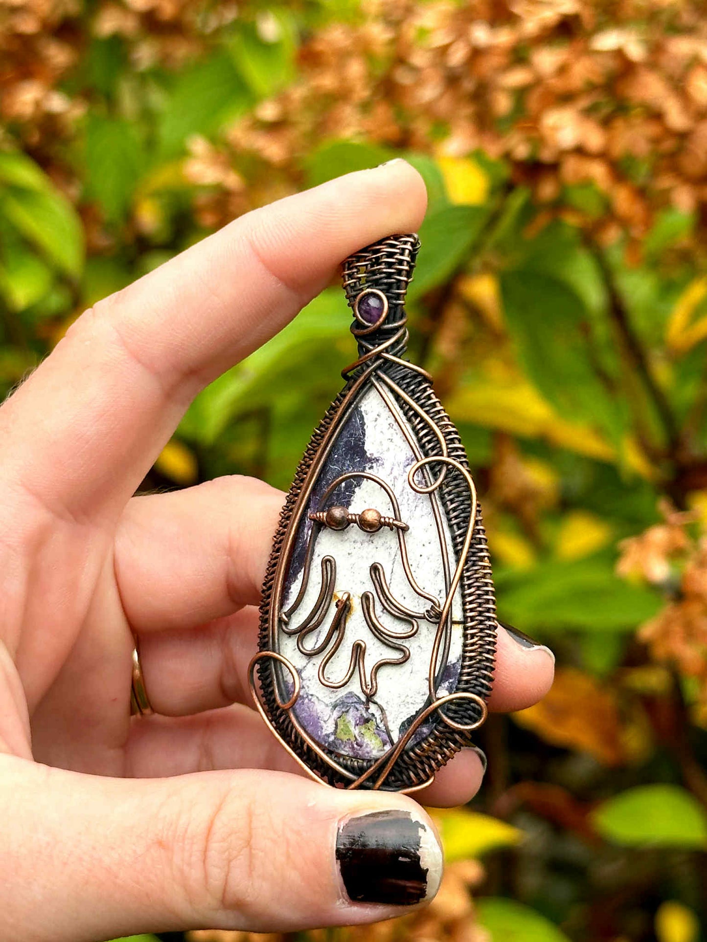 Ghost Kammerite & Amethyst Crystal Copper Pendant