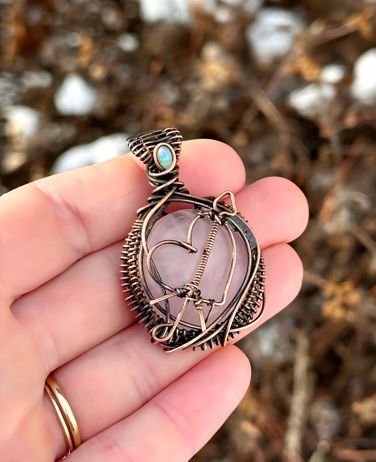Heart Arrow Symbol Rose Quartz & Opal Accent Crystal Copper Pendant
