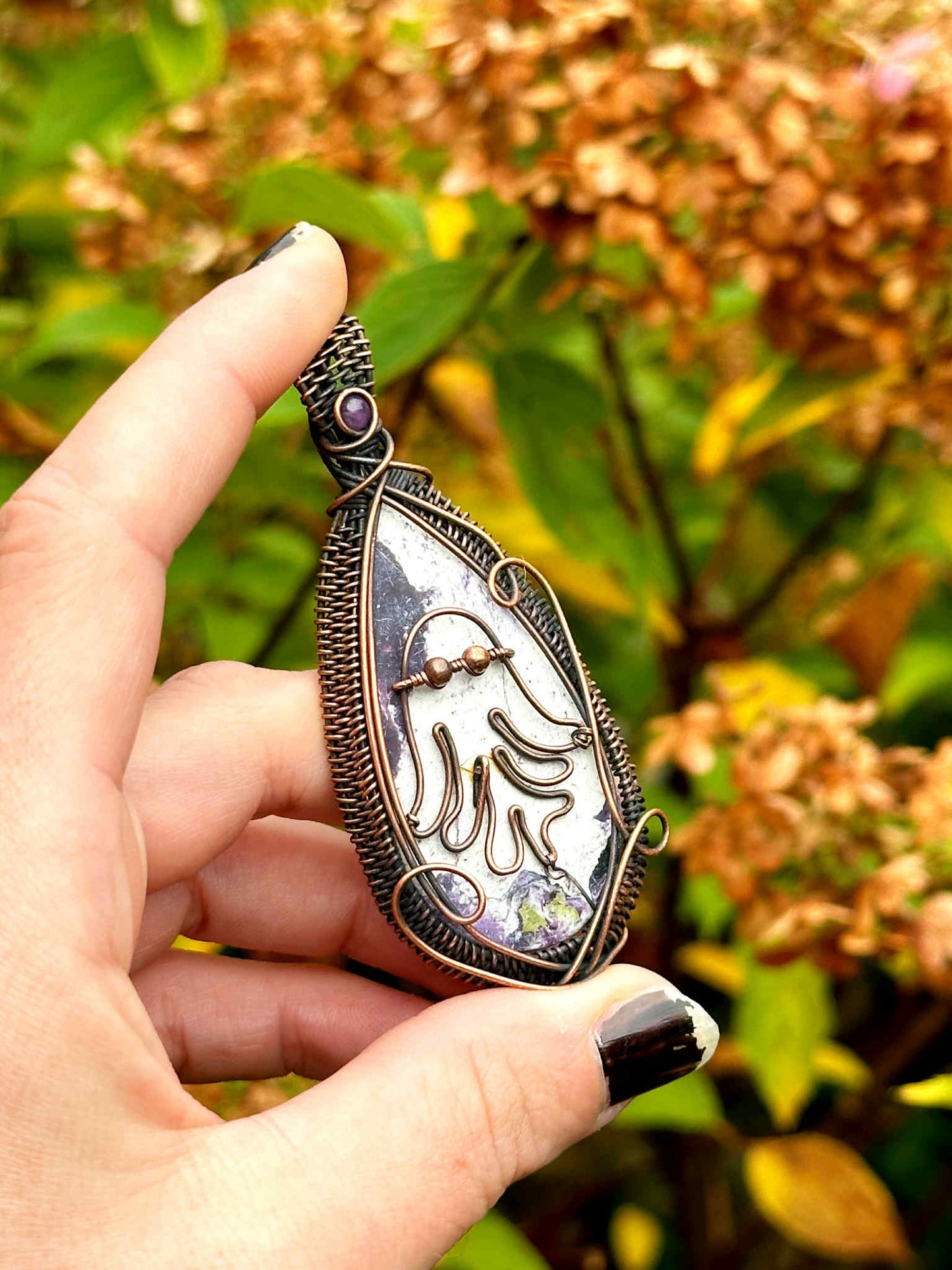 Ghost Kammerite & Amethyst Crystal Copper Pendant