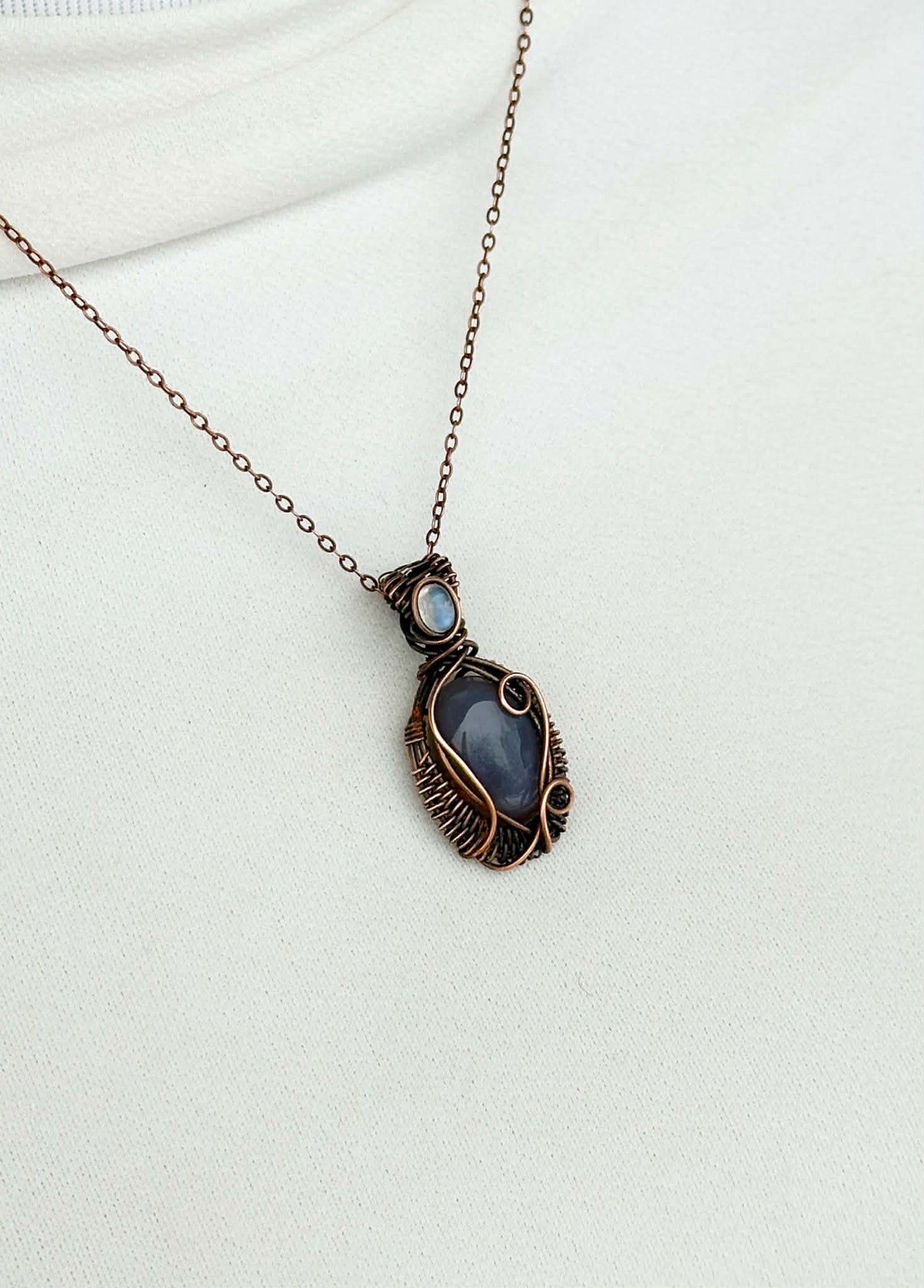 Mini Grey Agate & Rainbow Moonstone Accent Crystal Copper Pendant