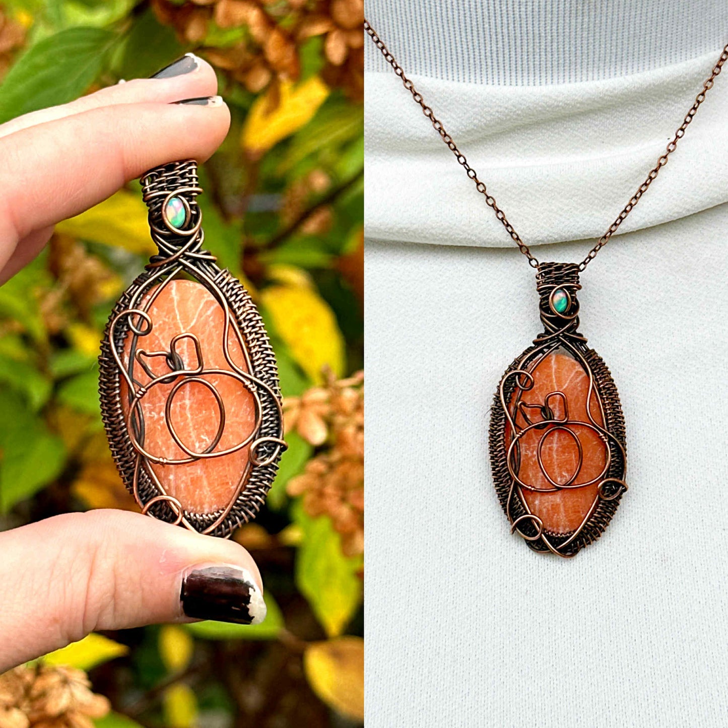 Pumpkin Orange Calcite & Opal Crystal Copper Pendant
