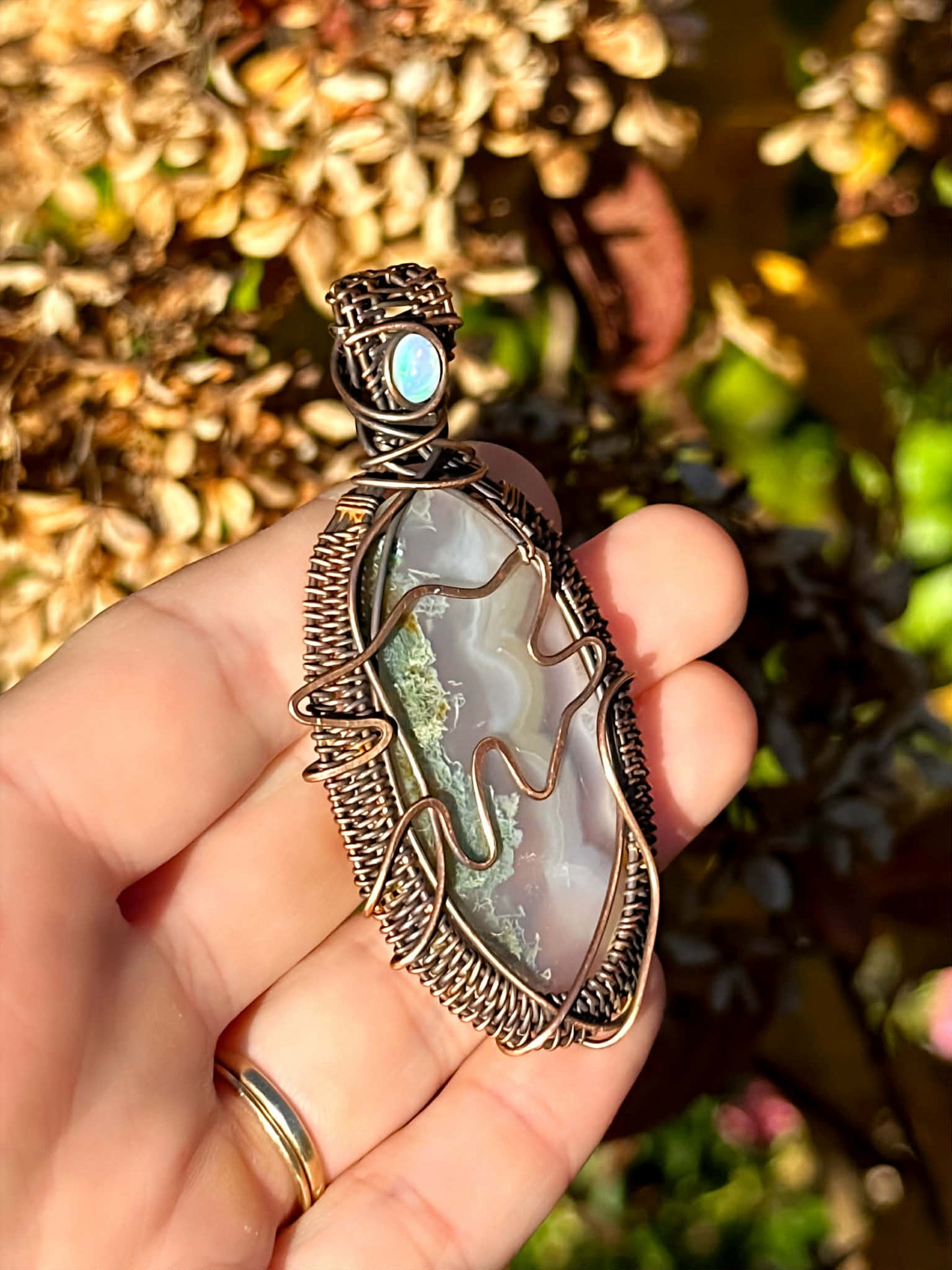Wolf Moss Agate & Opal Crystal Copper Pendant