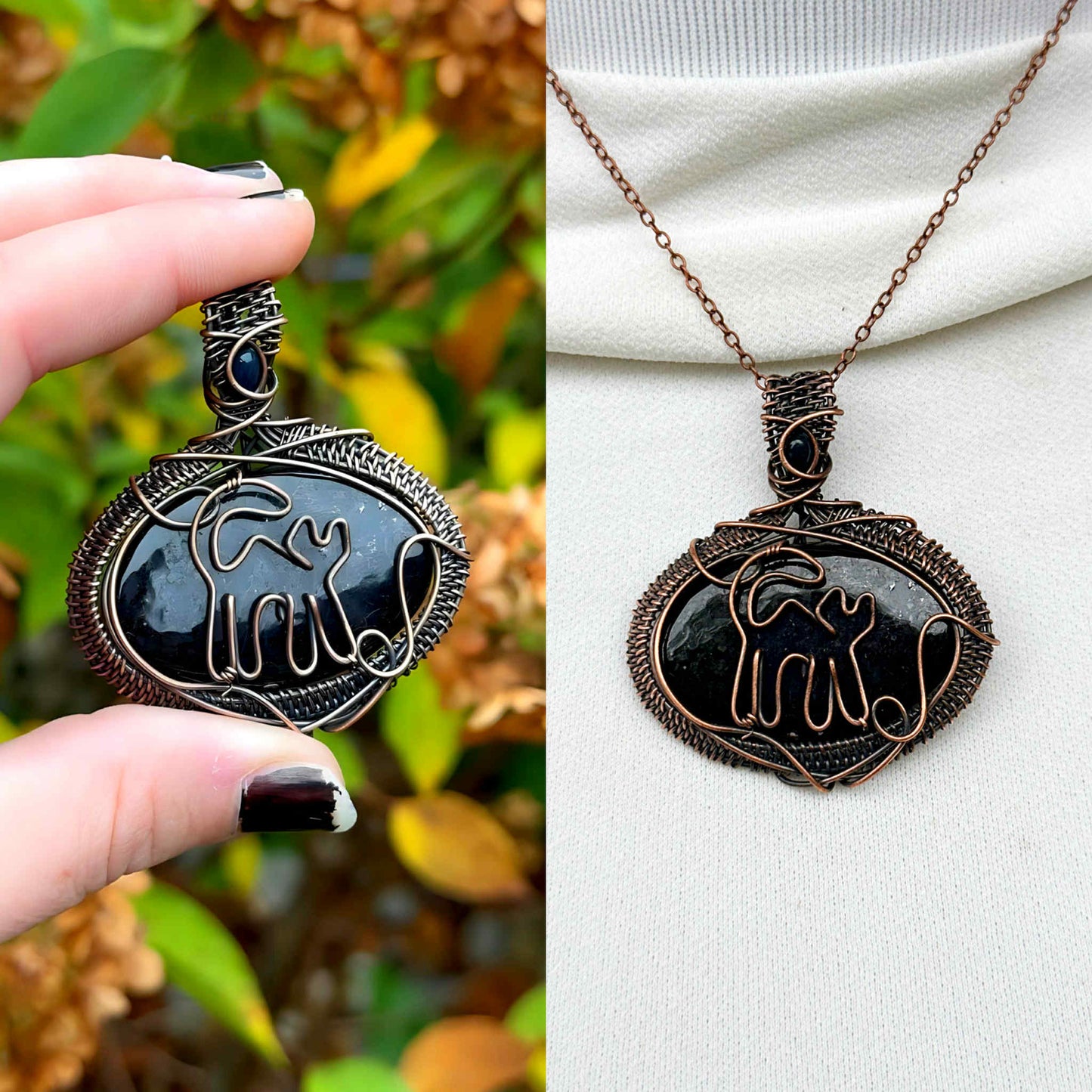 Black Cat Black Onyx & Black Mexican Opal Accent Crystal Copper Pendant