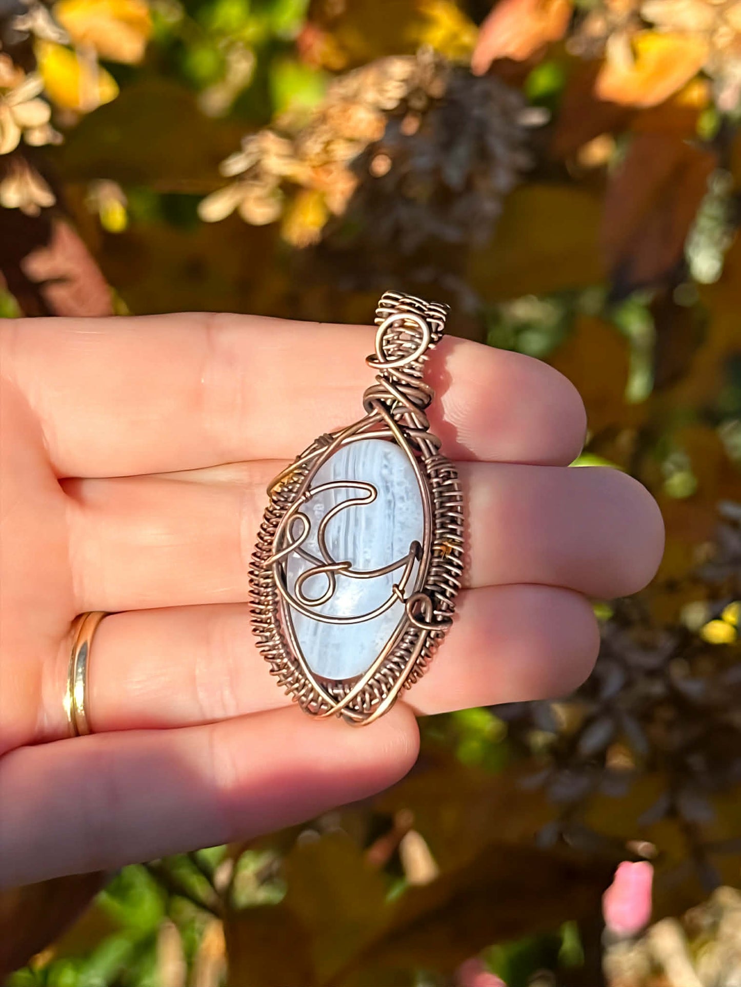 Crescent Moon Blue Lace Agate Crystal Copper Pendant