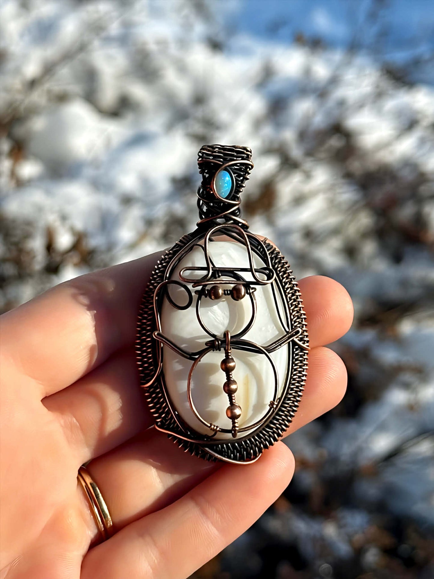 Snowman Mother of Pearl & Opal Crystal Copper Pendant