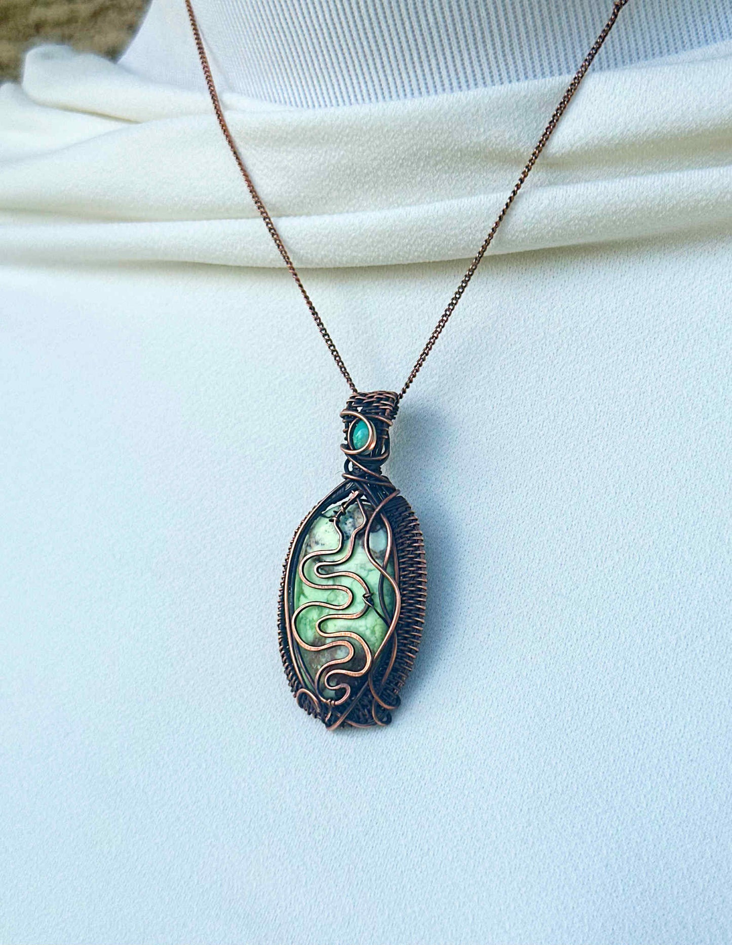Serpent Chrysoprase & Opal Crystal Copper Pendant