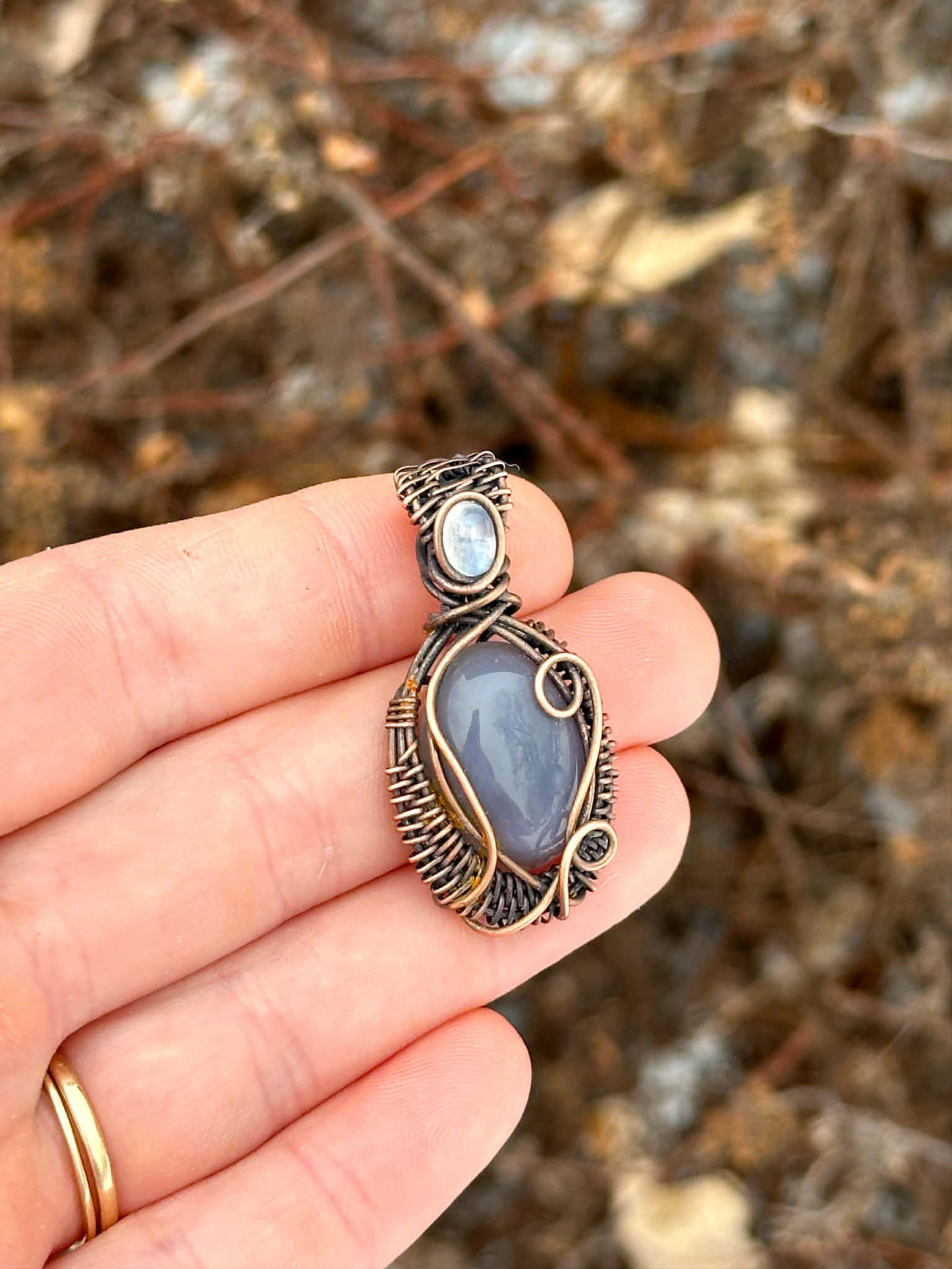 Mini Grey Agate & Rainbow Moonstone Accent Crystal Copper Pendant