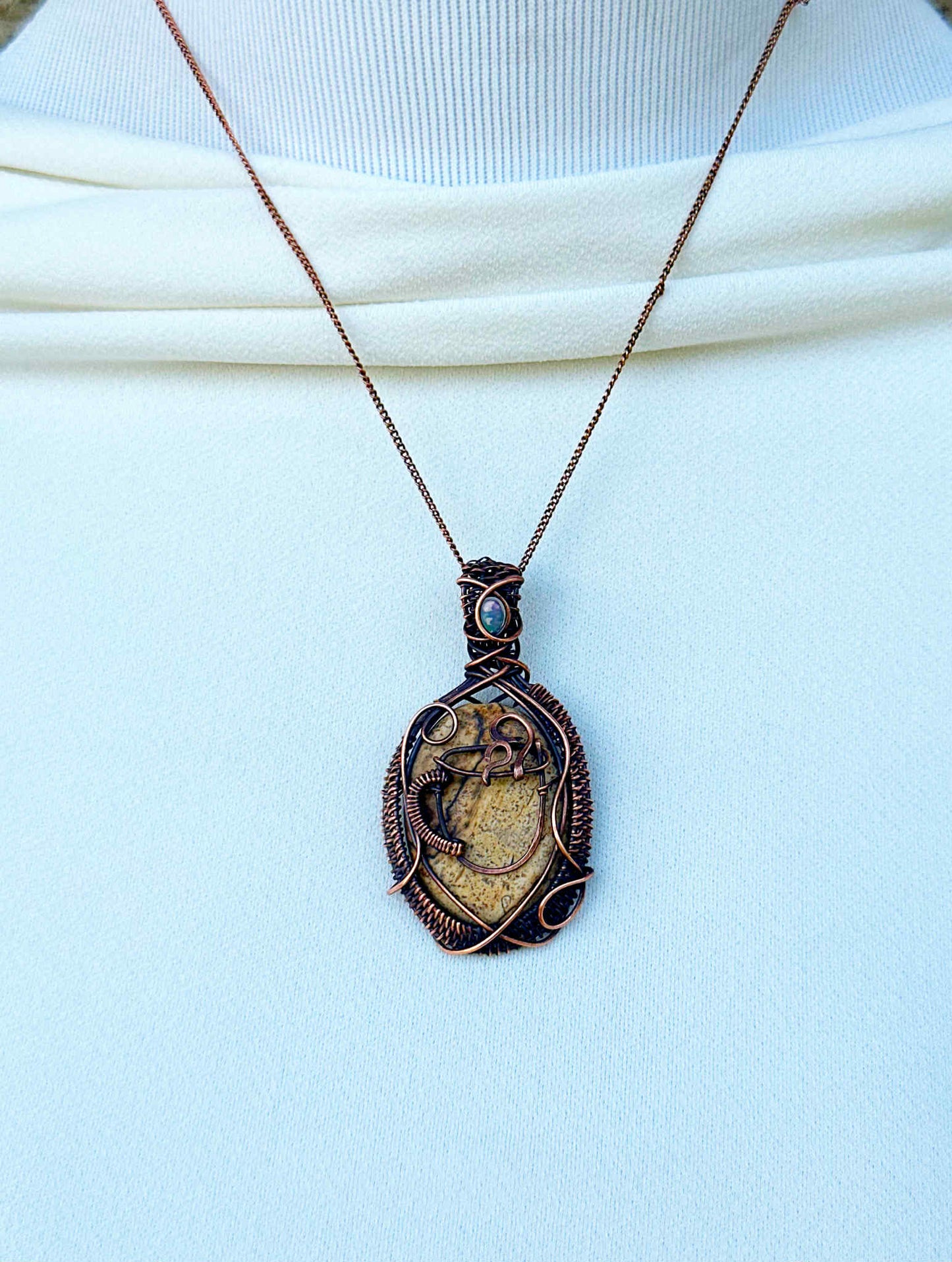 Coffee Jasper & Opal Crystal Copper Pendant