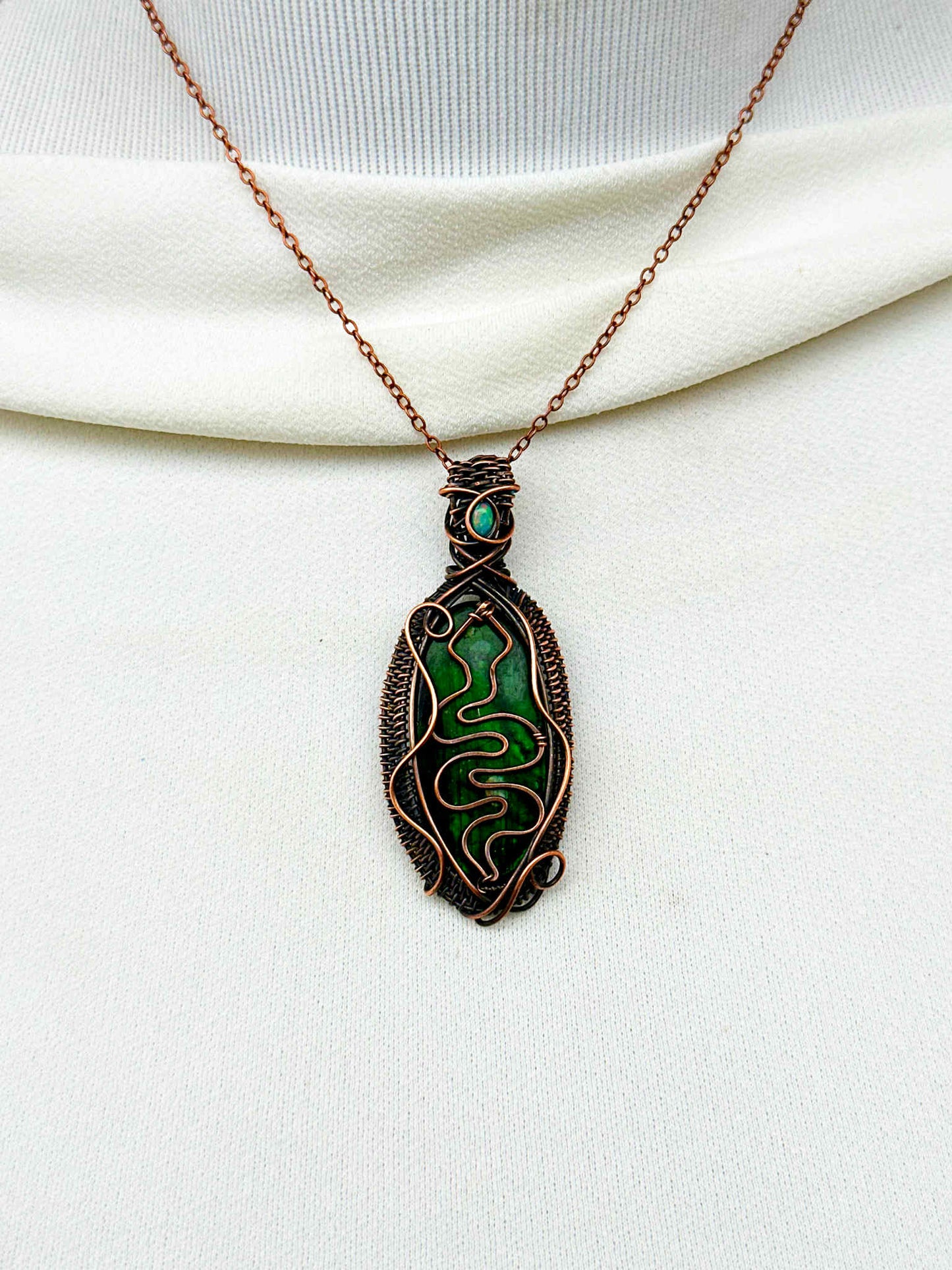 Serpent Green Labradorite & Opal Accent Crystal Copper Pendant