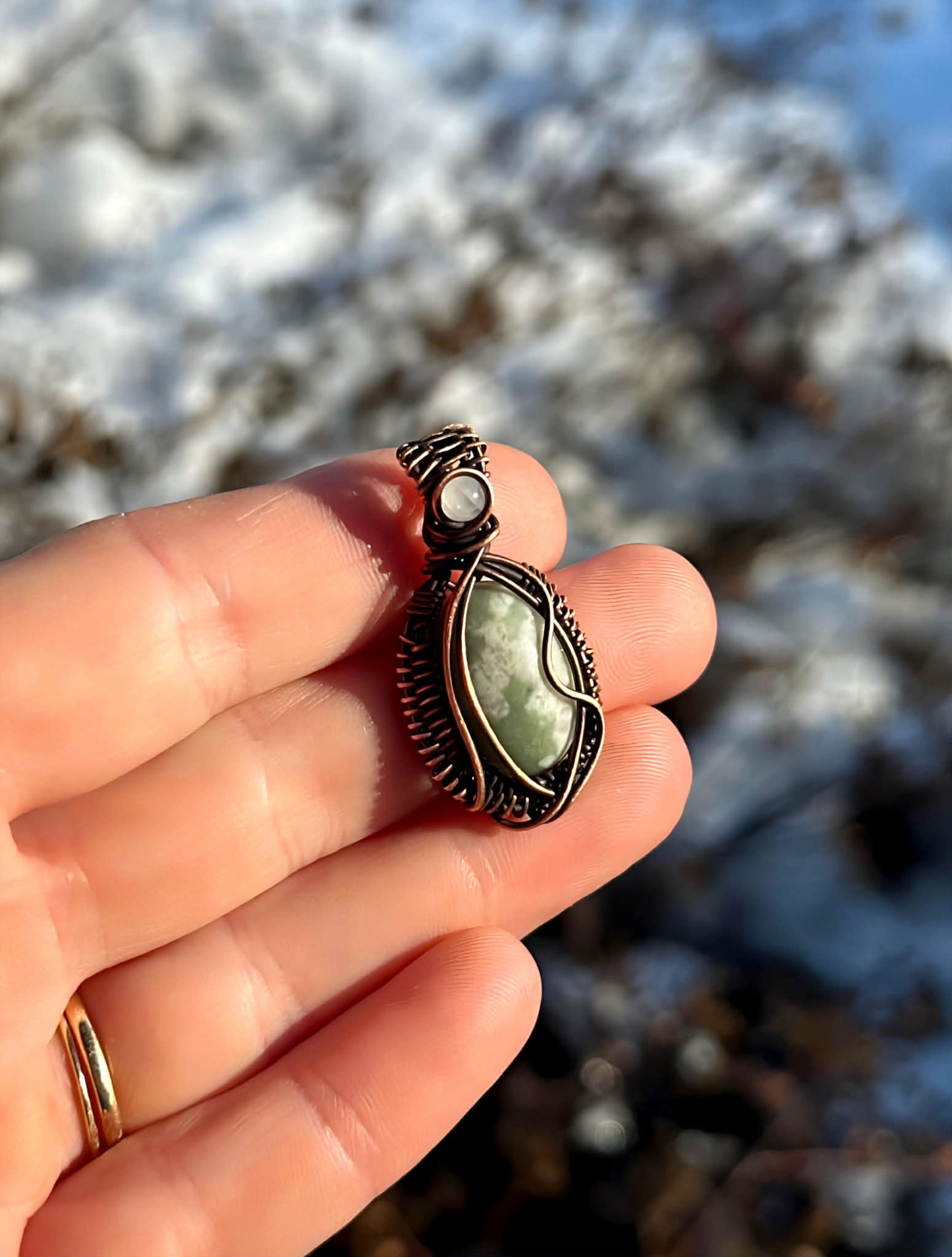 Mini Peace Jade & Clear Quartz Crystal Copper Pendant