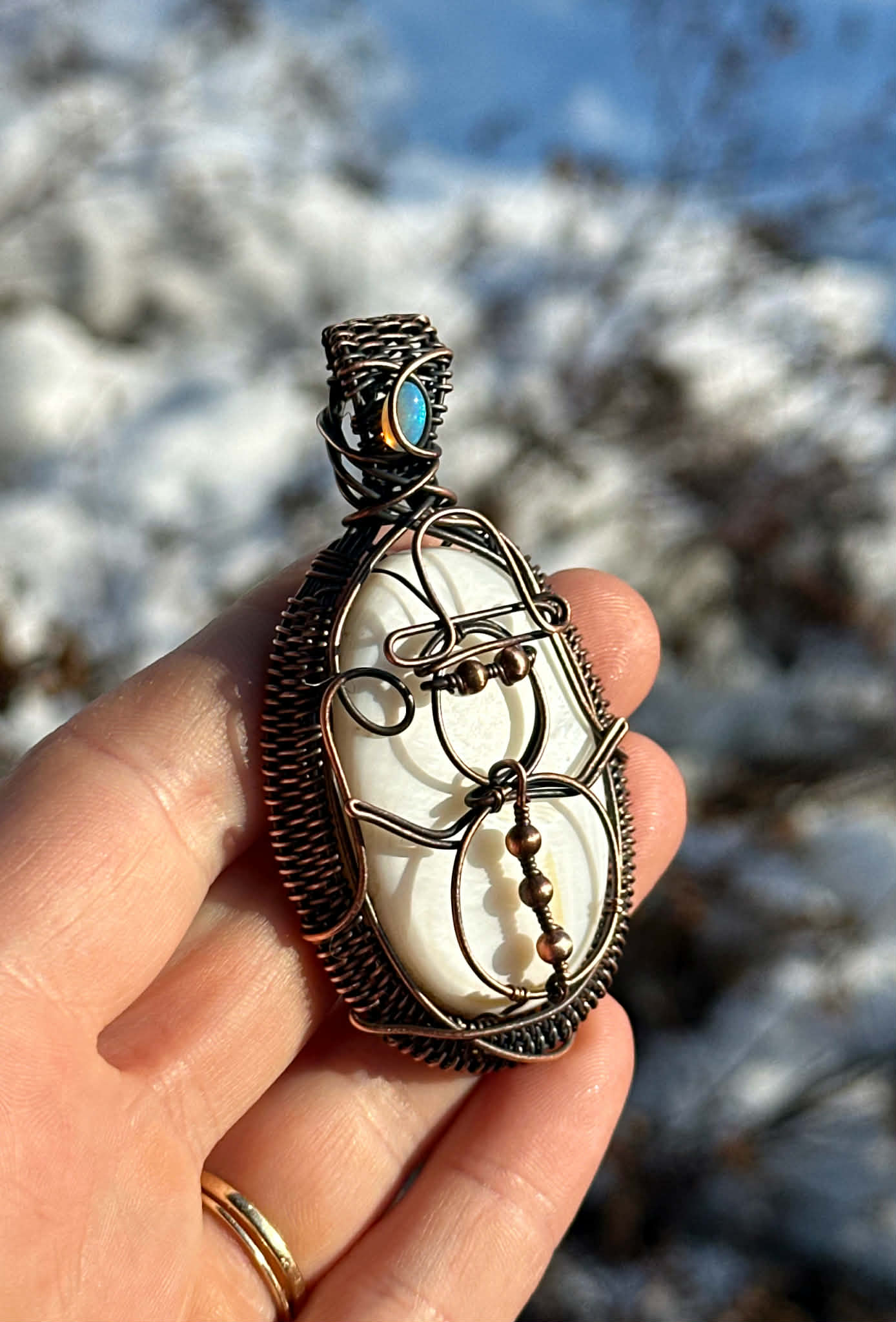 Snowman Mother of Pearl & Opal Crystal Copper Pendant