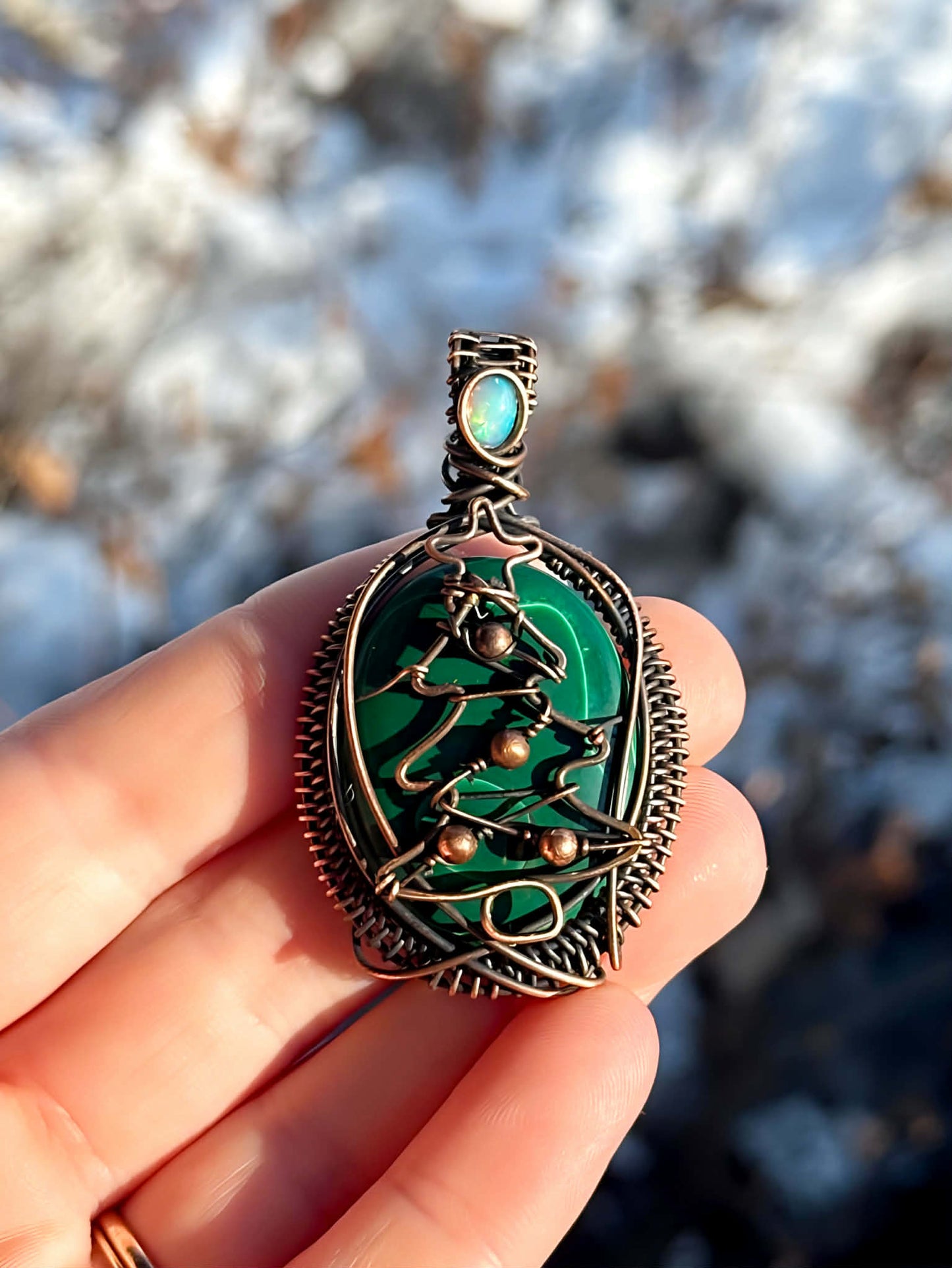 Christmas Tree Malachite & Opal Accent Crystal Copper Pendant