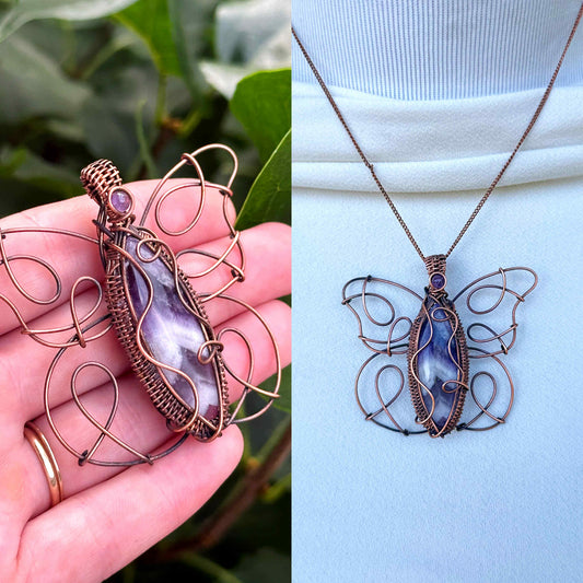 Butterfly Purple Chevron & Amethyst Crystal Copper Pendant