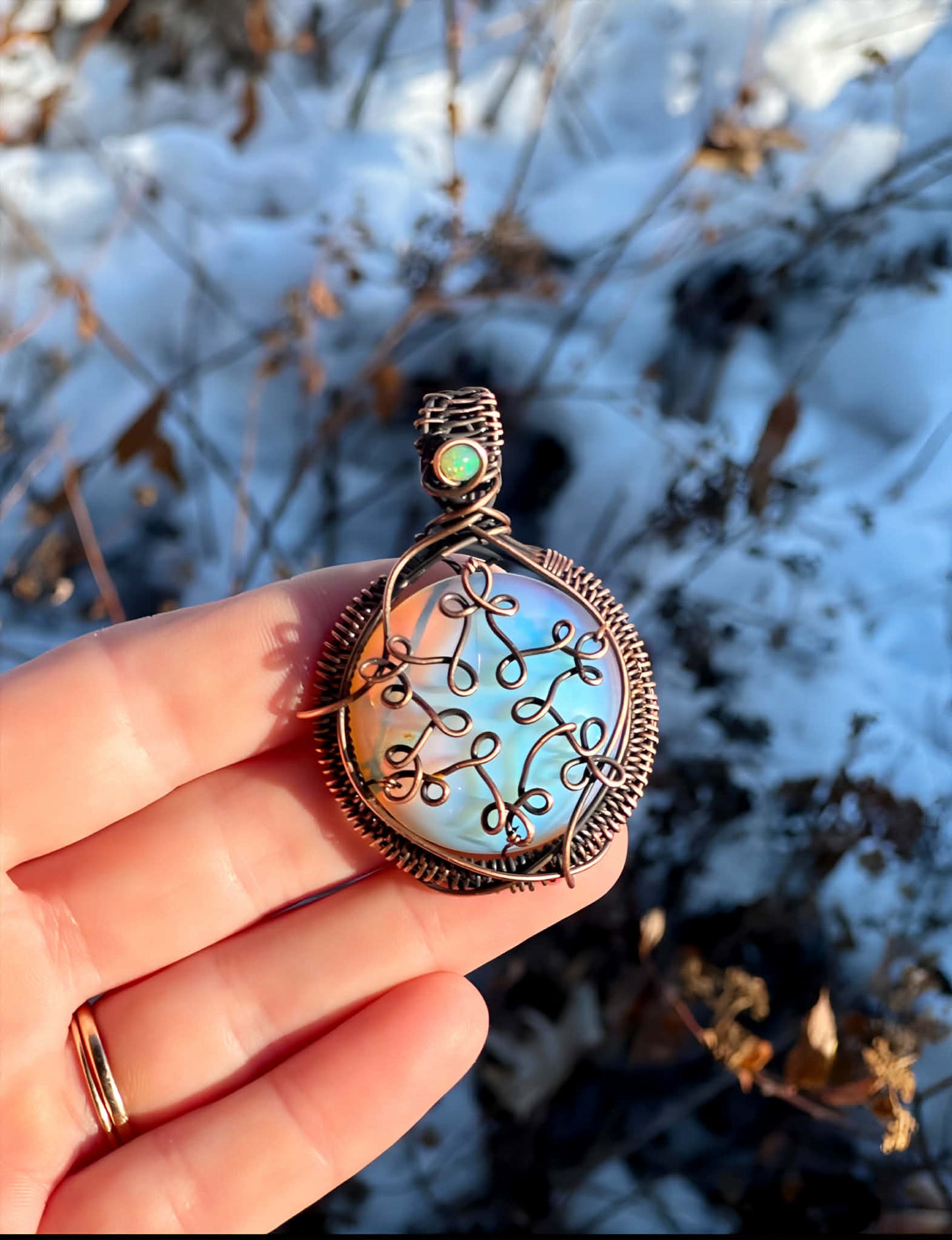 Snowflake Opalite & Opal Crystal Copper Pendant