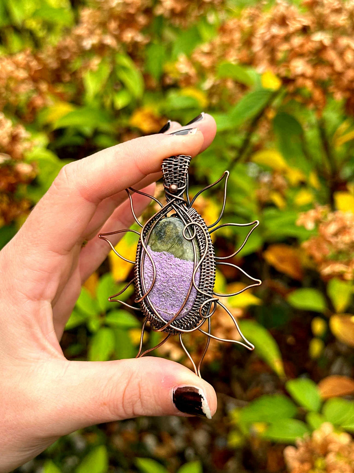 Sunflower Purple Stichtite Crystal Copper Pendant