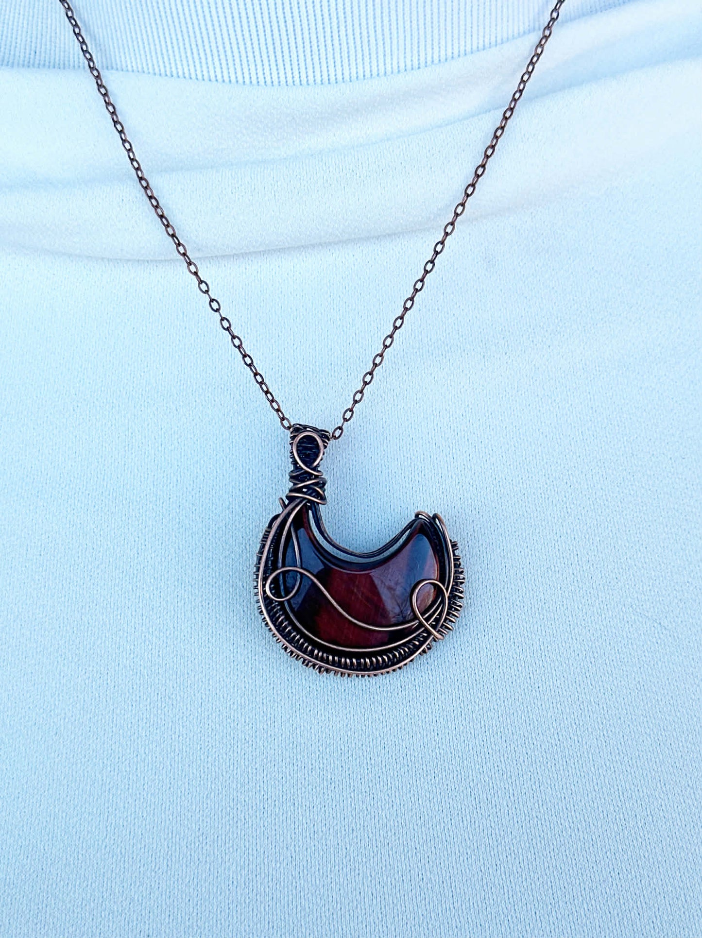 Crescent Moon Red Tigers Eye Crystal Copper Pendant