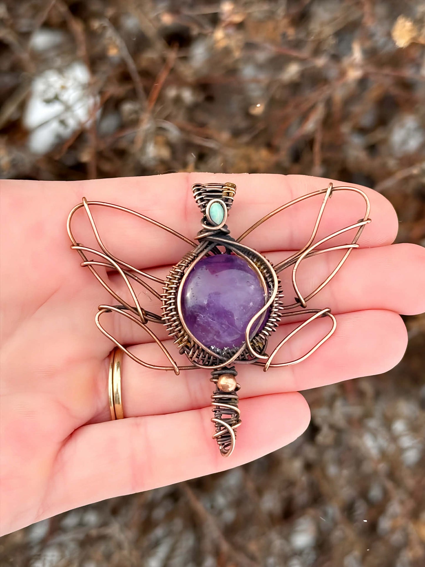 Dragon Fly Lilac Amethyst & Opal Accent Crystal Copper Pendant