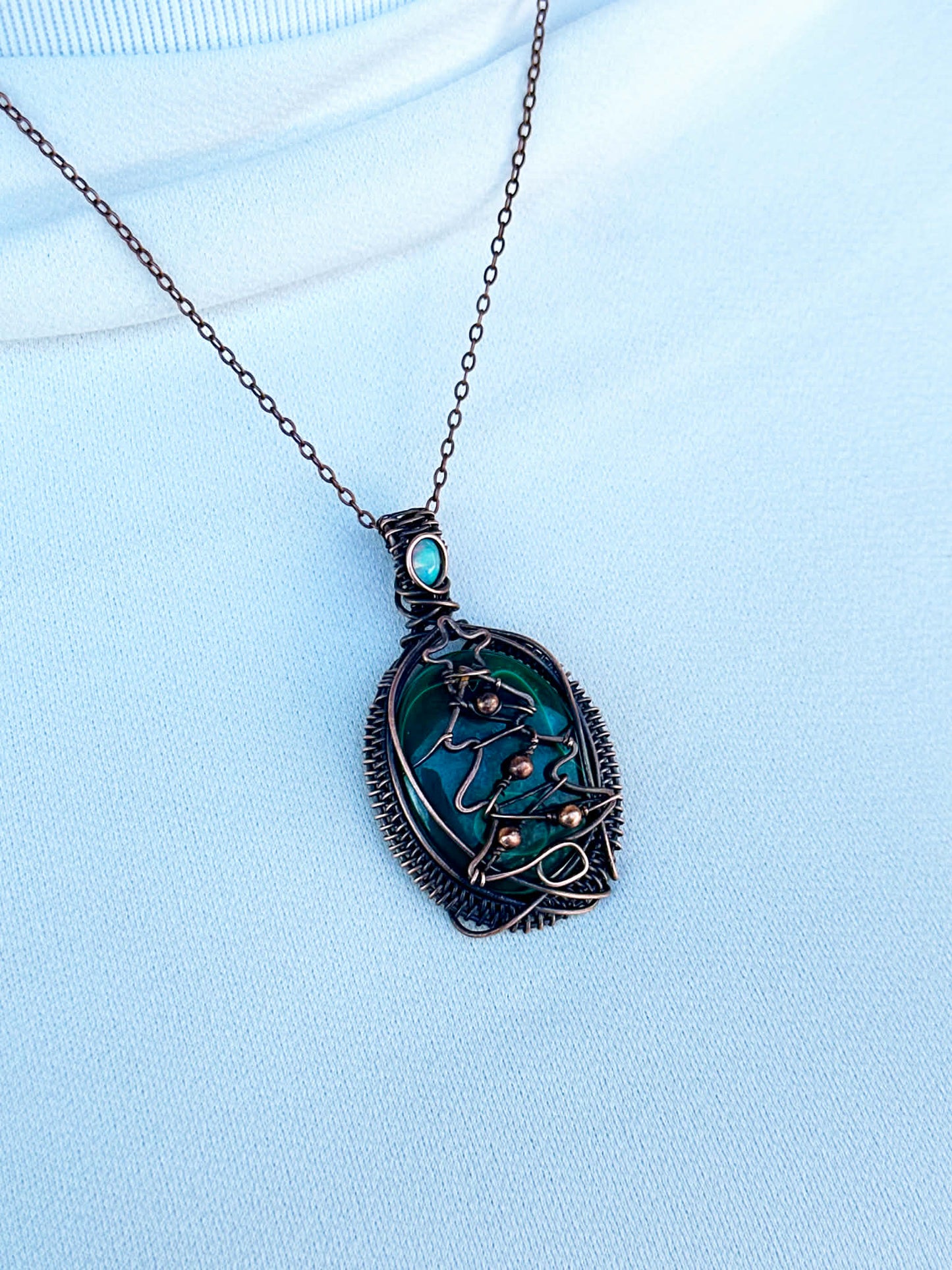 Christmas Tree Malachite & Opal Accent Crystal Copper Pendant