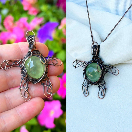 Turtle Prehnite Crystal Copper Pendant