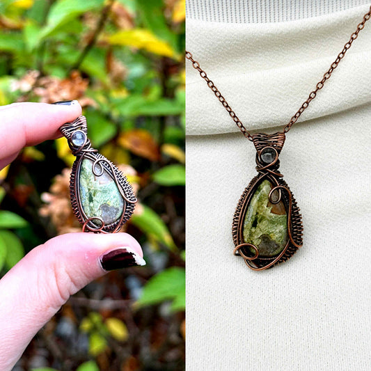 Rainforest Jasper & Clear Quartz Accent Crystal Copper Pendant