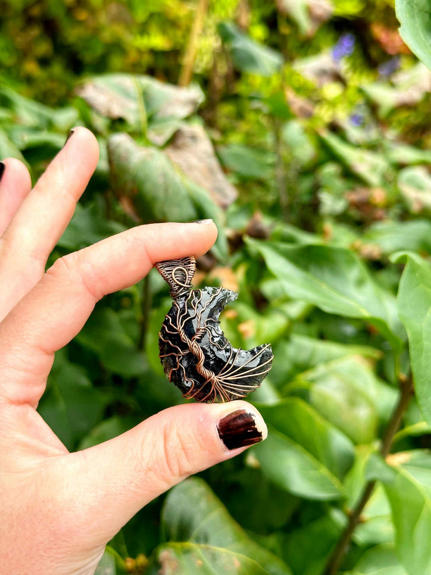 Tree Of Life Crescent Moon Amethyst Crystal Copper Pendant
