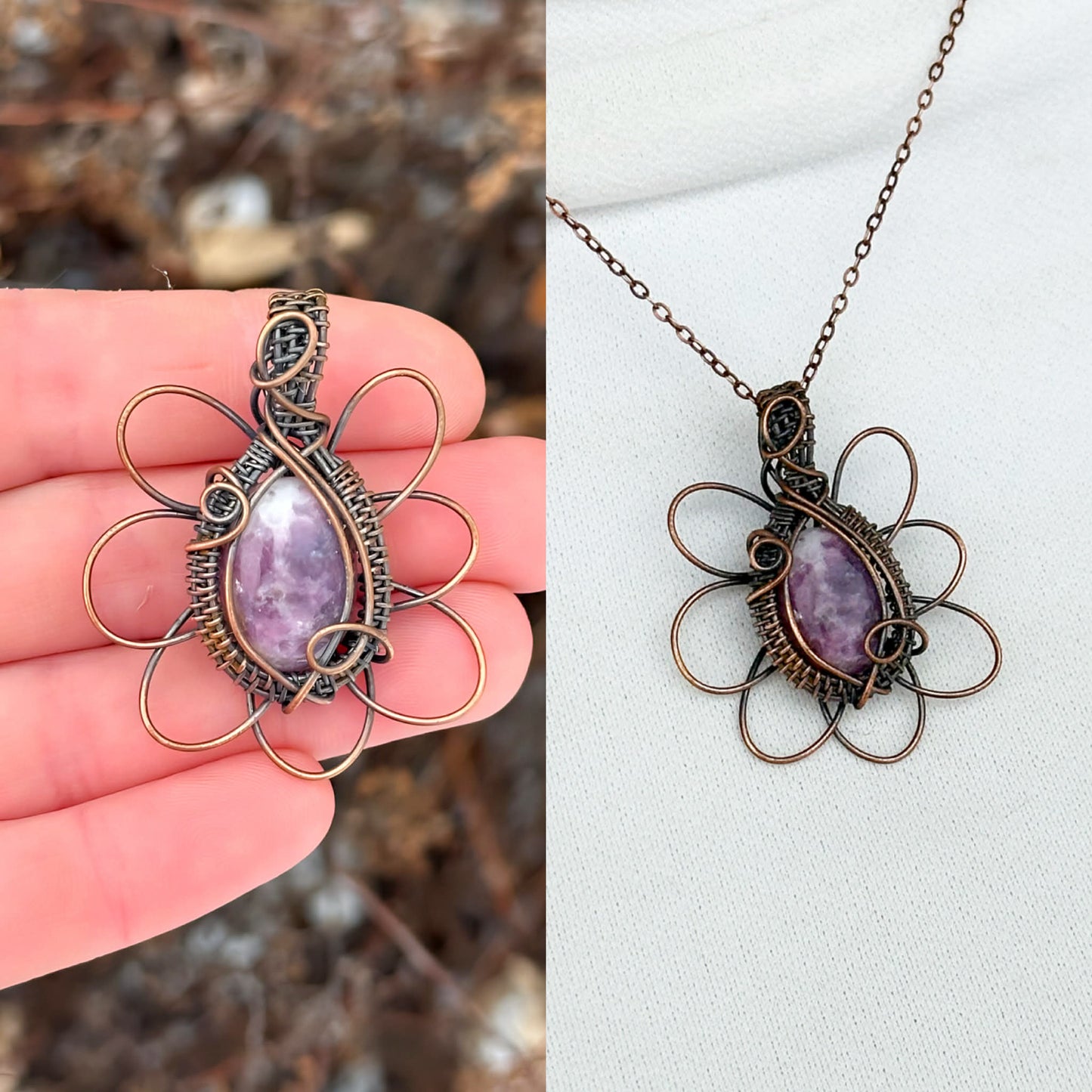 Daisy Lepidolite & Clear Quartz Crystal Copper Pendant