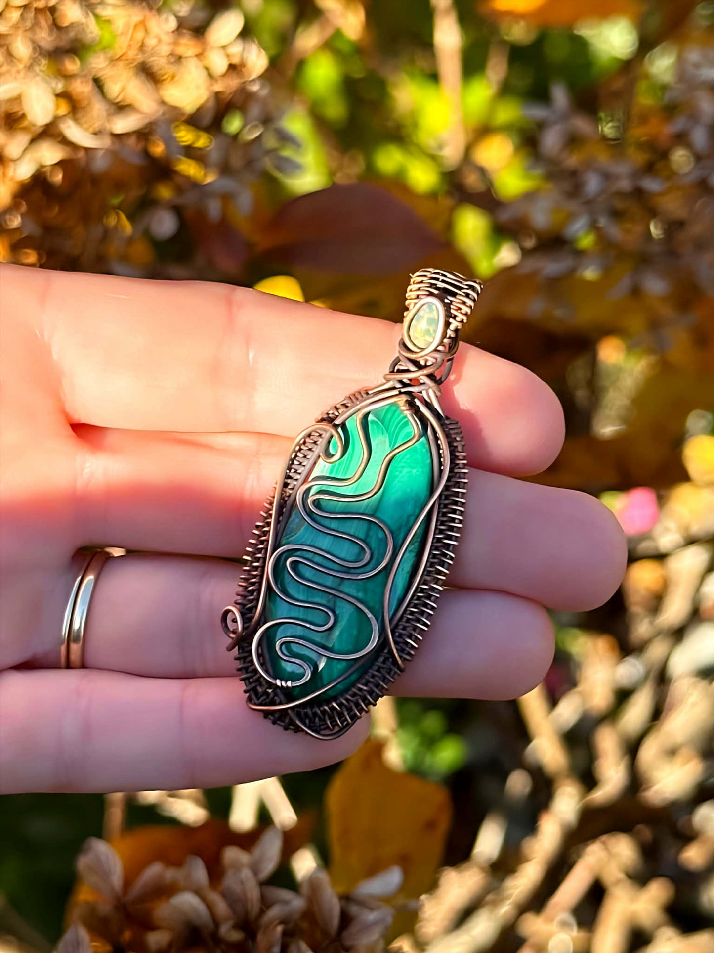 Serpent Malachite & Opal Accent Crystal Copper Pendant