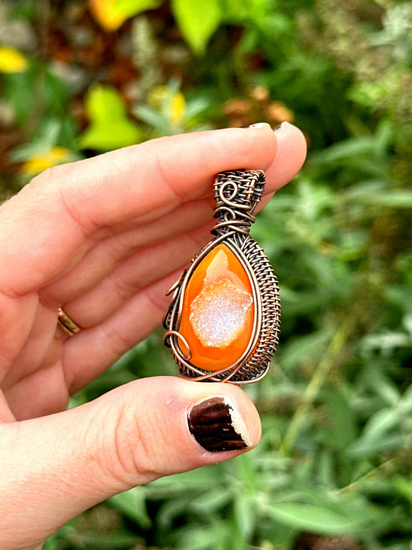 Orange Druzy Crystal Copper Pendant