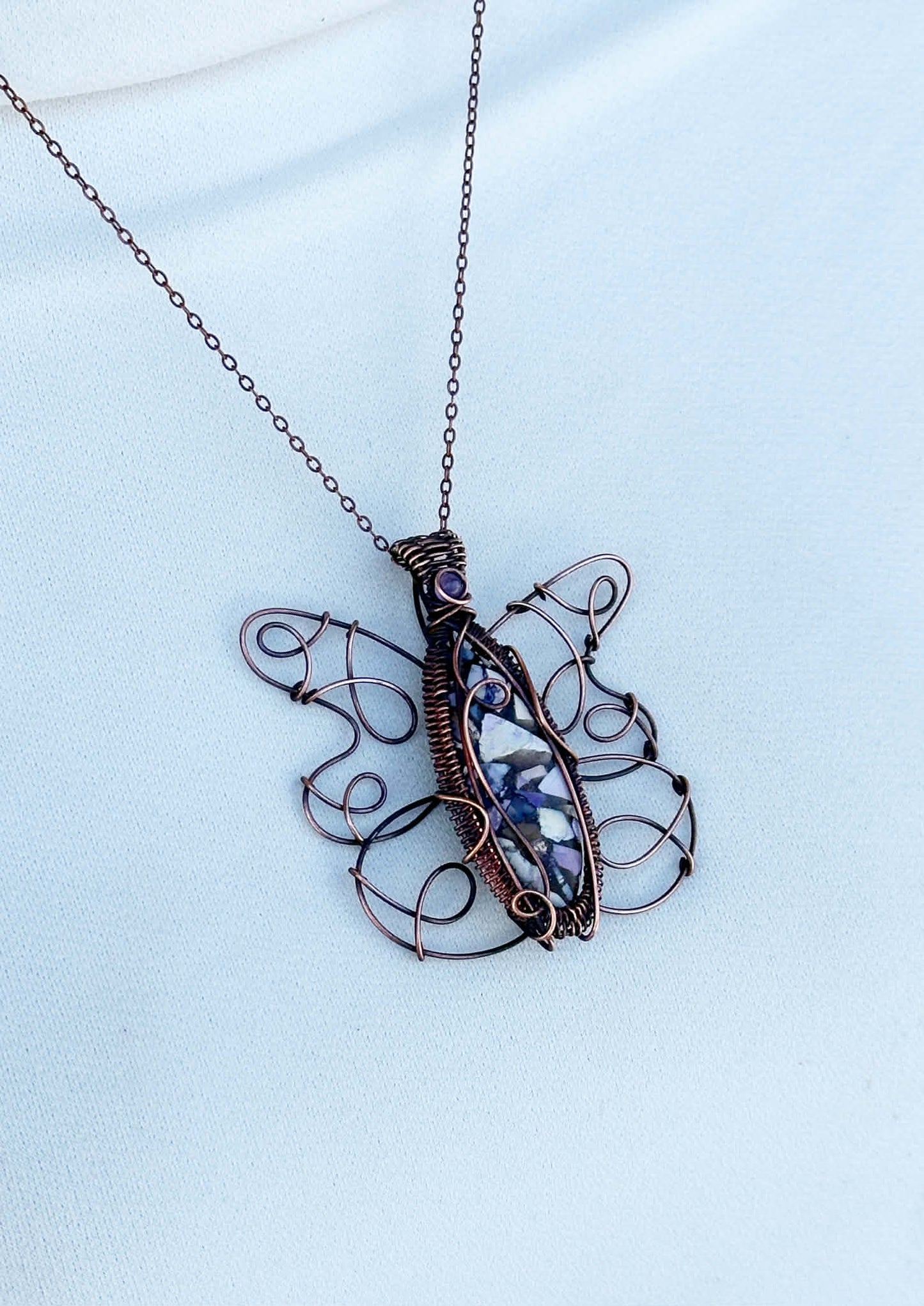 Butterfly Tiffany Copper & Amethyst Accent Crystal Copper Pendant