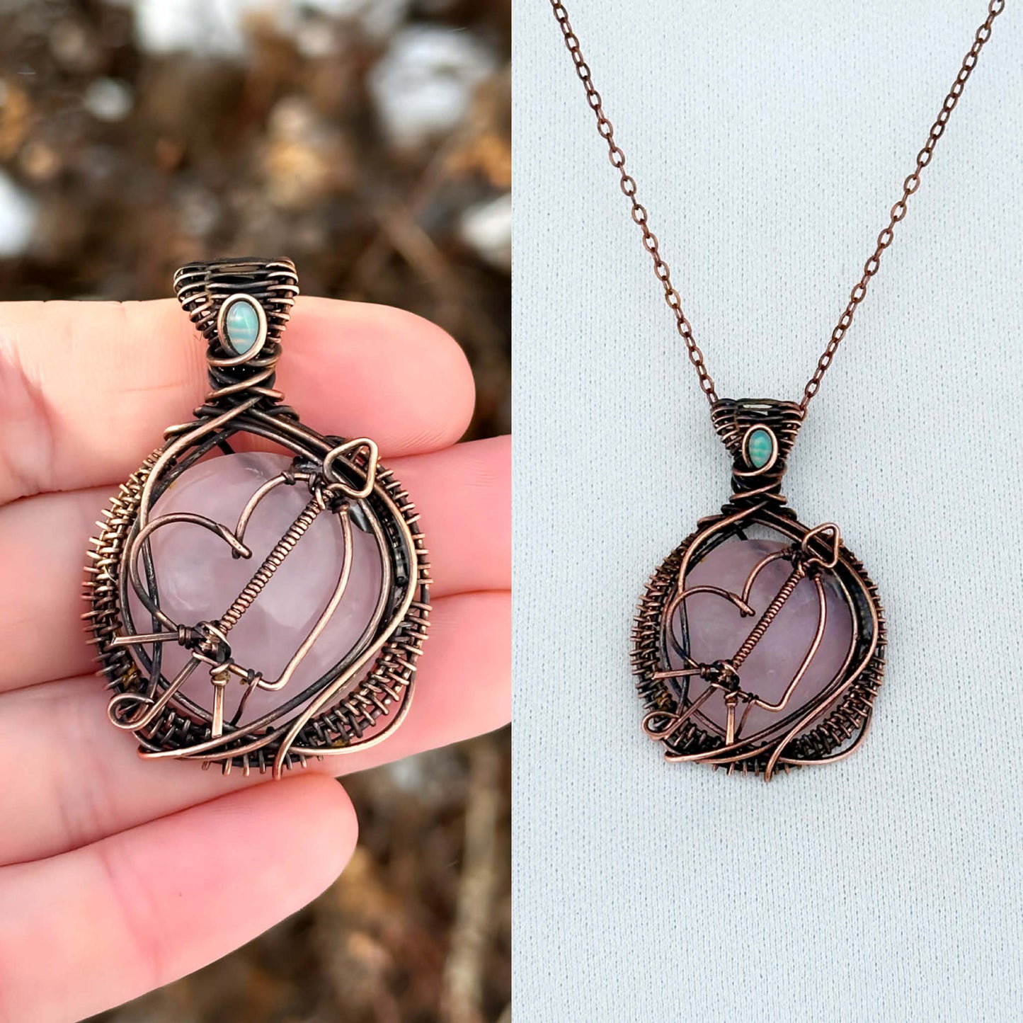 Heart Arrow Symbol Rose Quartz & Opal Accent Crystal Copper Pendant