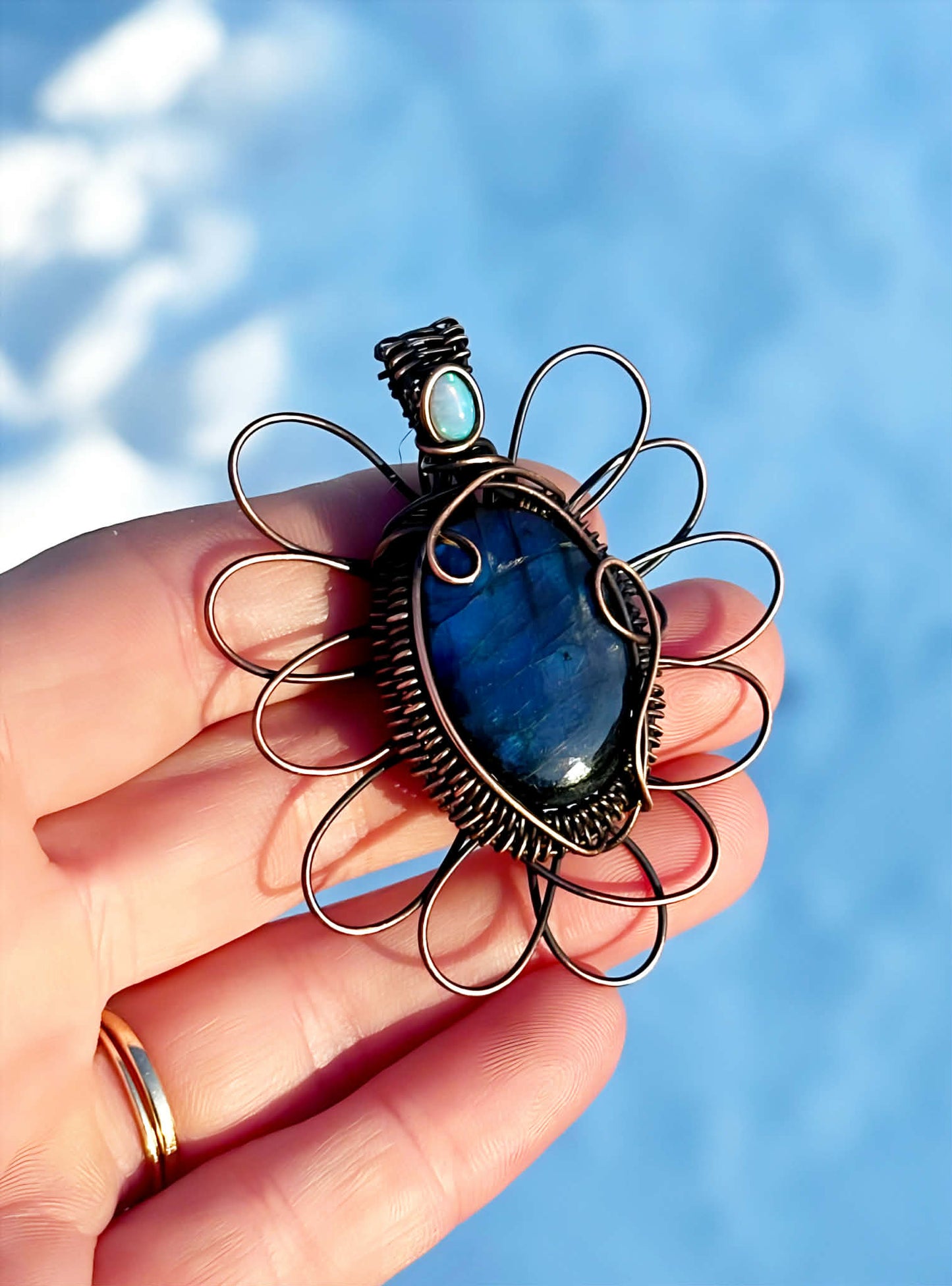 Winter Blue Flax Flower Labradorite & Opal Crystal Copper Pendant