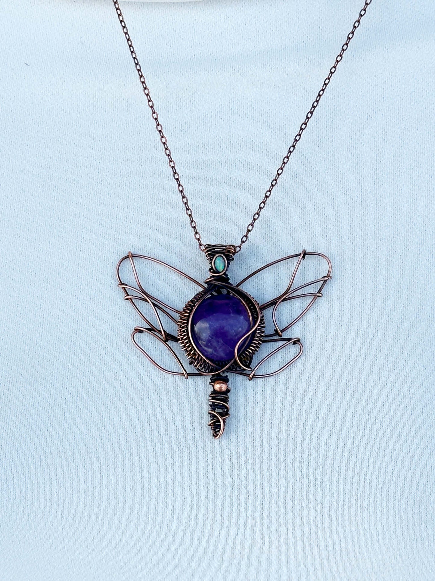 Dragon Fly Lilac Amethyst & Opal Accent Crystal Copper Pendant