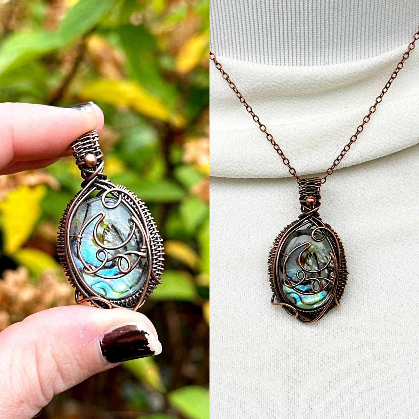 Crescent Moon Abalone Shell Crystal Copper Pendant