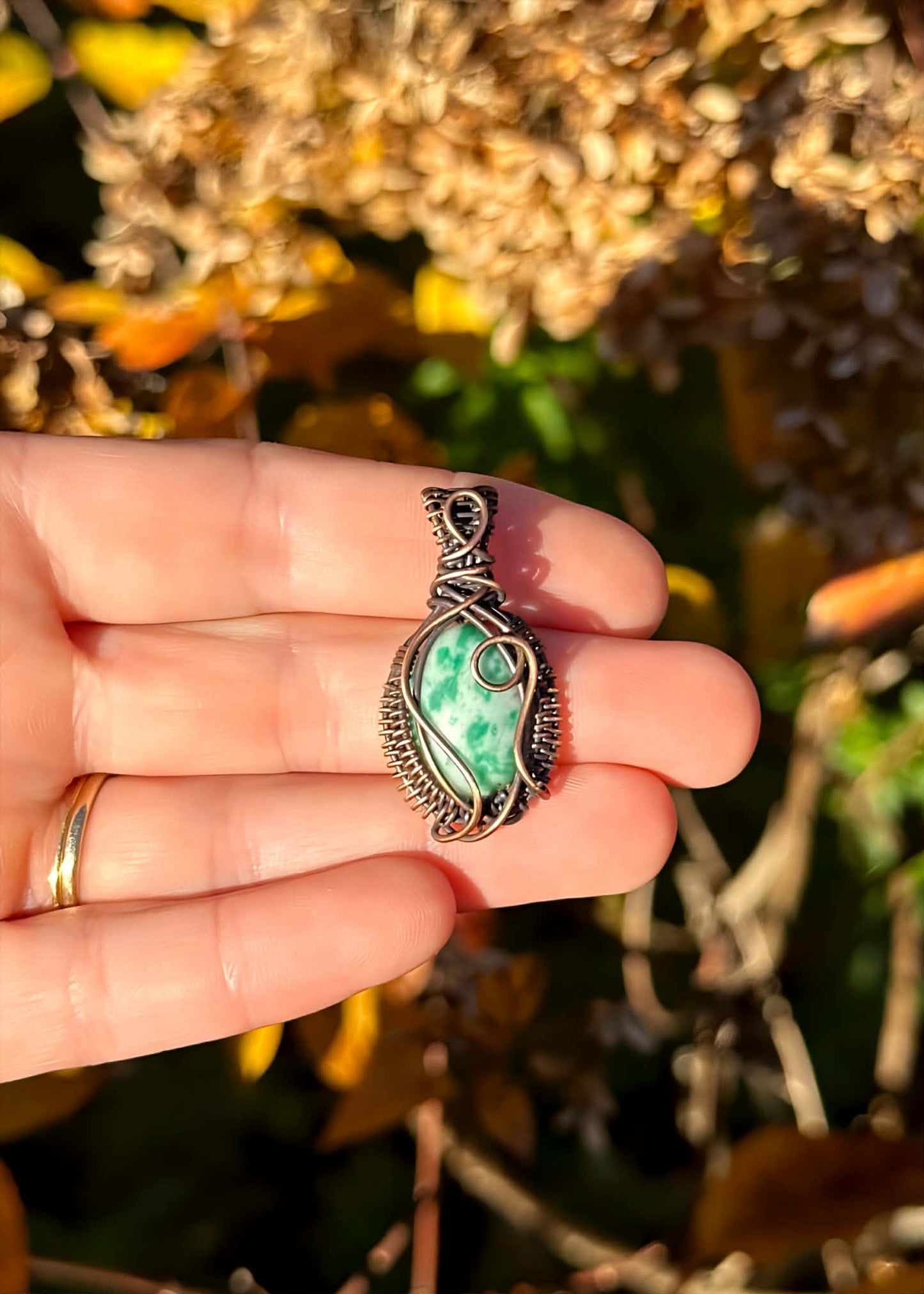 Mini Green Spot Jasper Crystal Copper Pendant