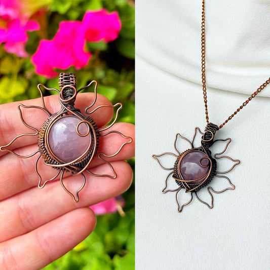 Sun Rose Quartz Crystal Copper Pendant