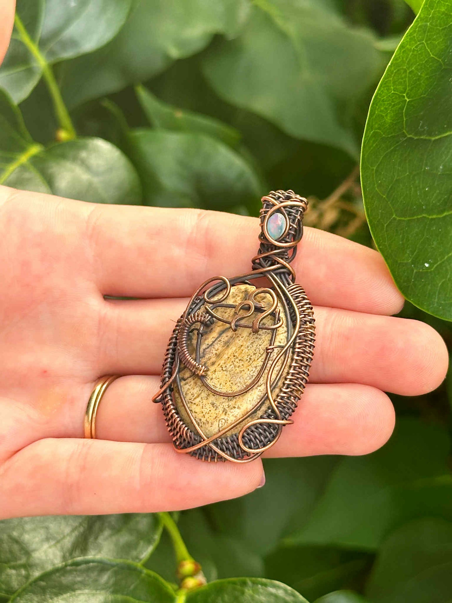 Coffee Jasper & Opal Crystal Copper Pendant
