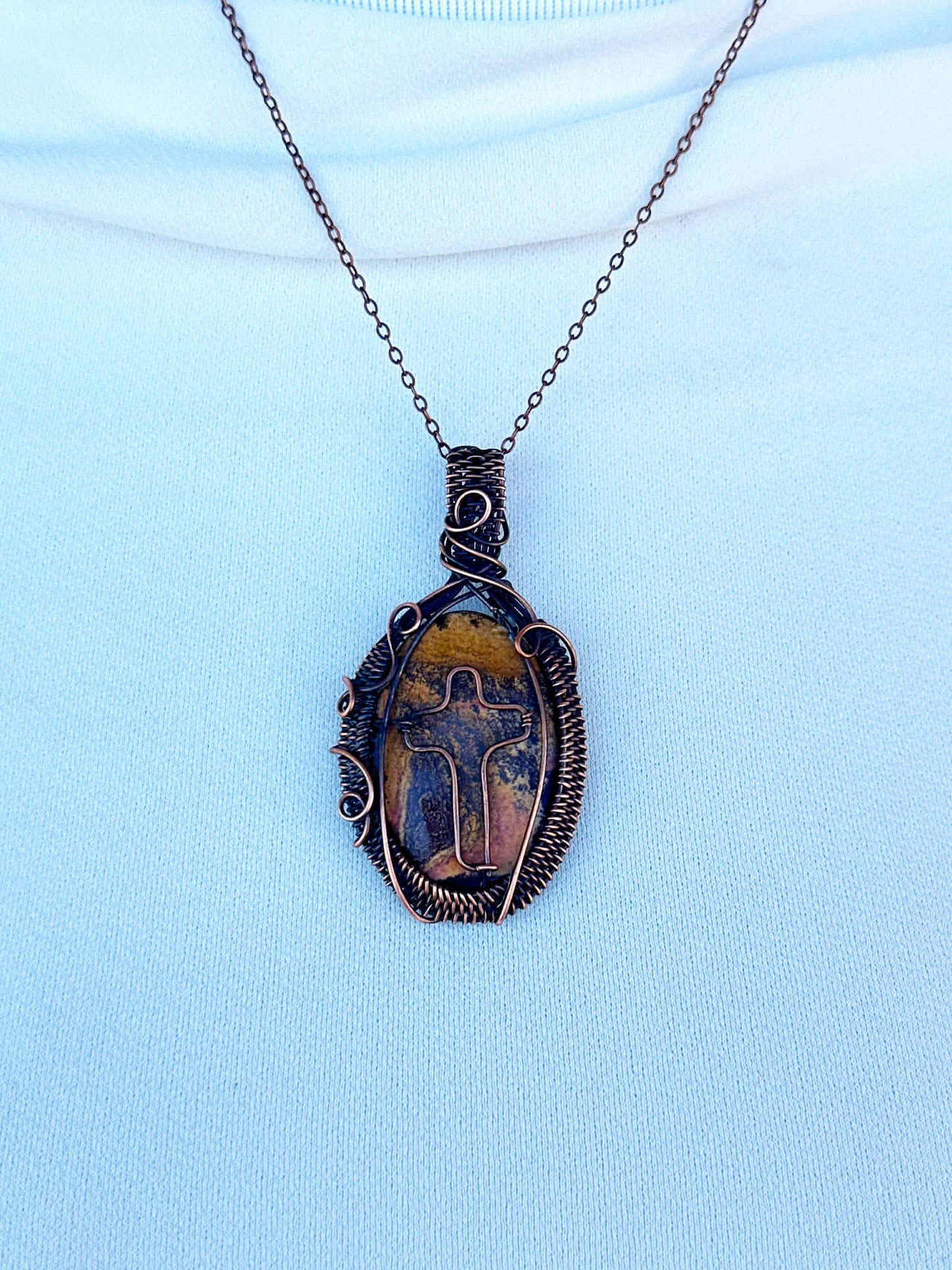 Cross Pictured Jasper Crystal Copper Pendant