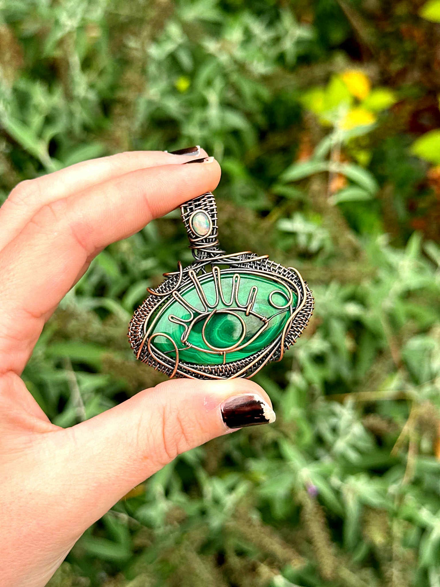Evil Eye Malachite & Opal Accent Crystal Copper Pendant