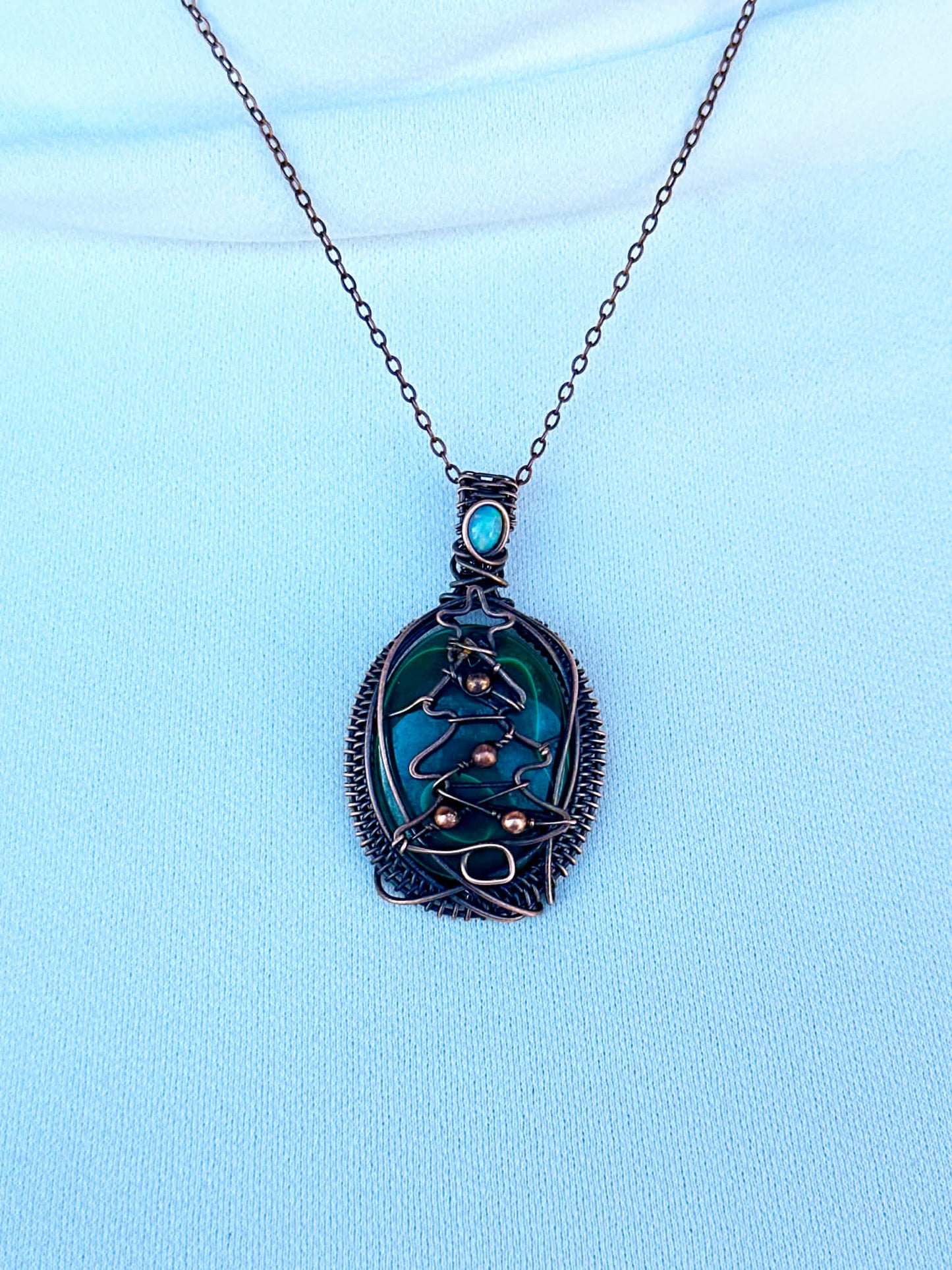 Christmas Tree Malachite & Opal Accent Crystal Copper Pendant