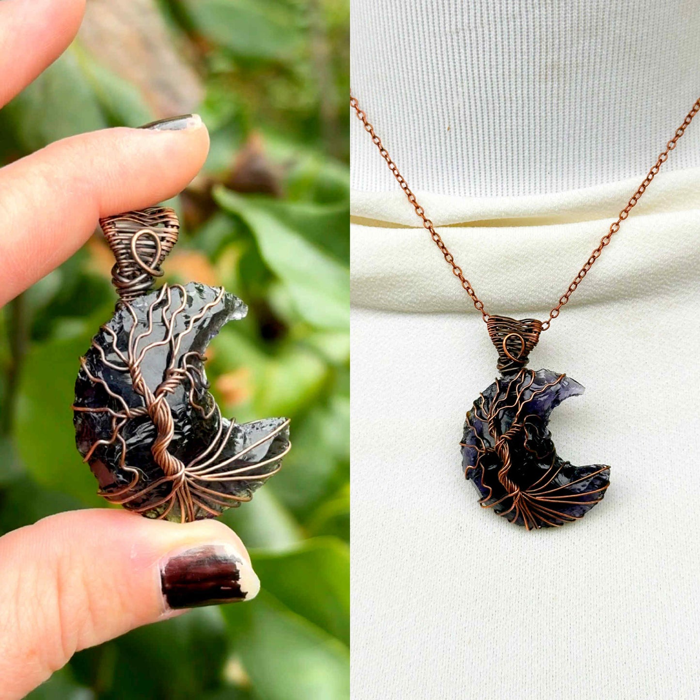 Tree Of Life Crescent Moon Amethyst Crystal Copper Pendant